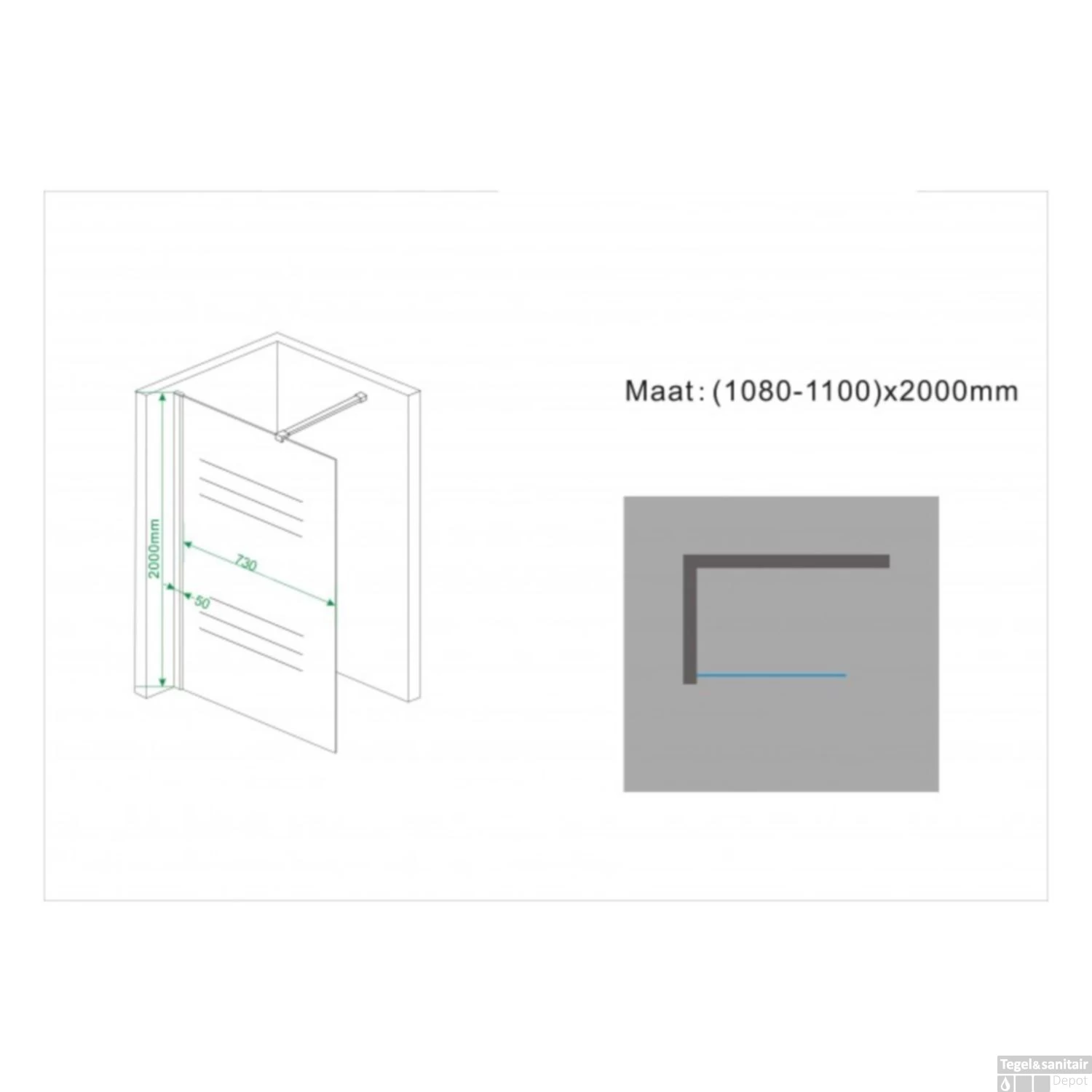Douchewand Wiesbaden 110x200cm 10mm Met Middenband NANO Coating - Afbeelding 2