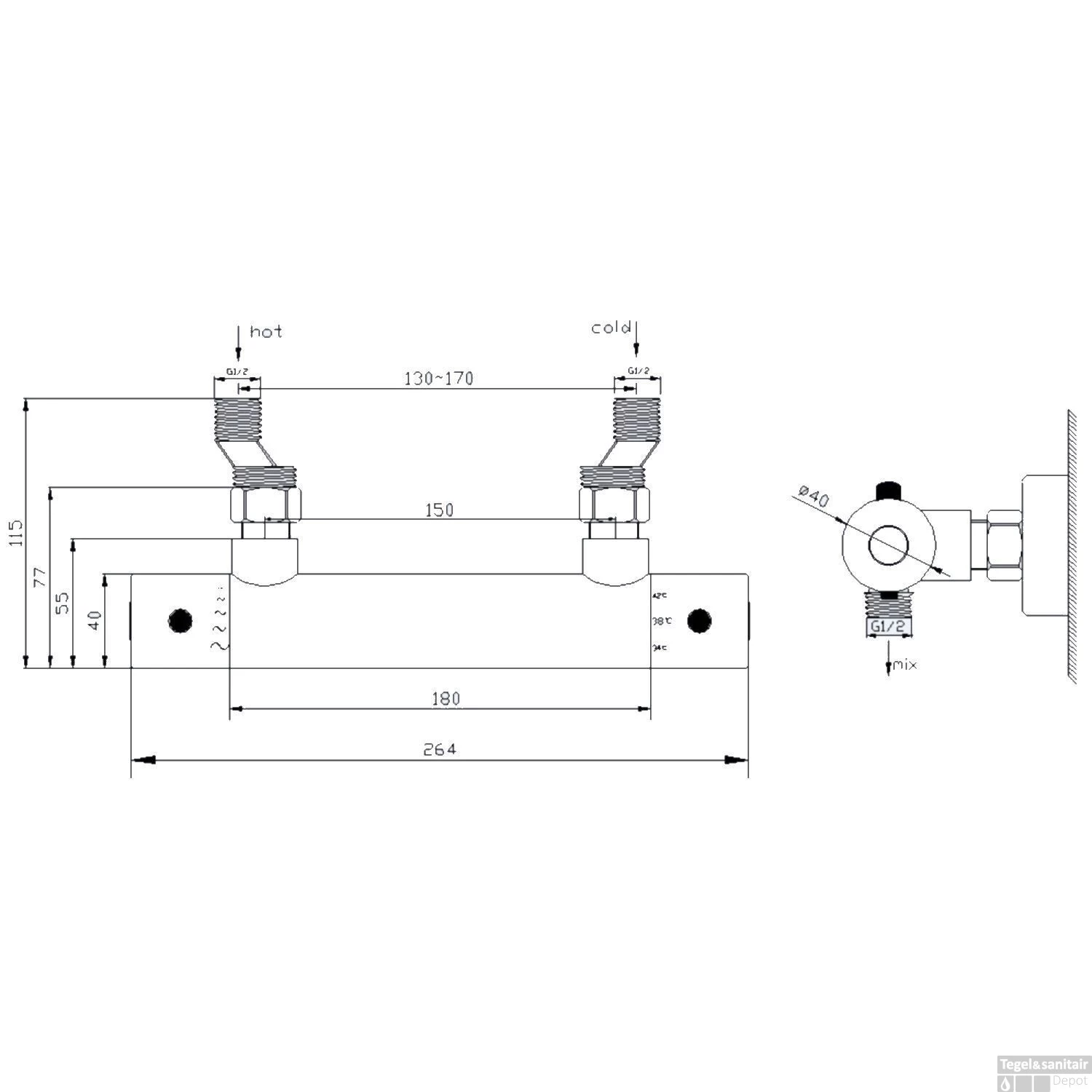 Thermostatische Douchekraan Wiesbaden Rio H.o.h. 15 Cm Mat Zwart - Afbeelding 2