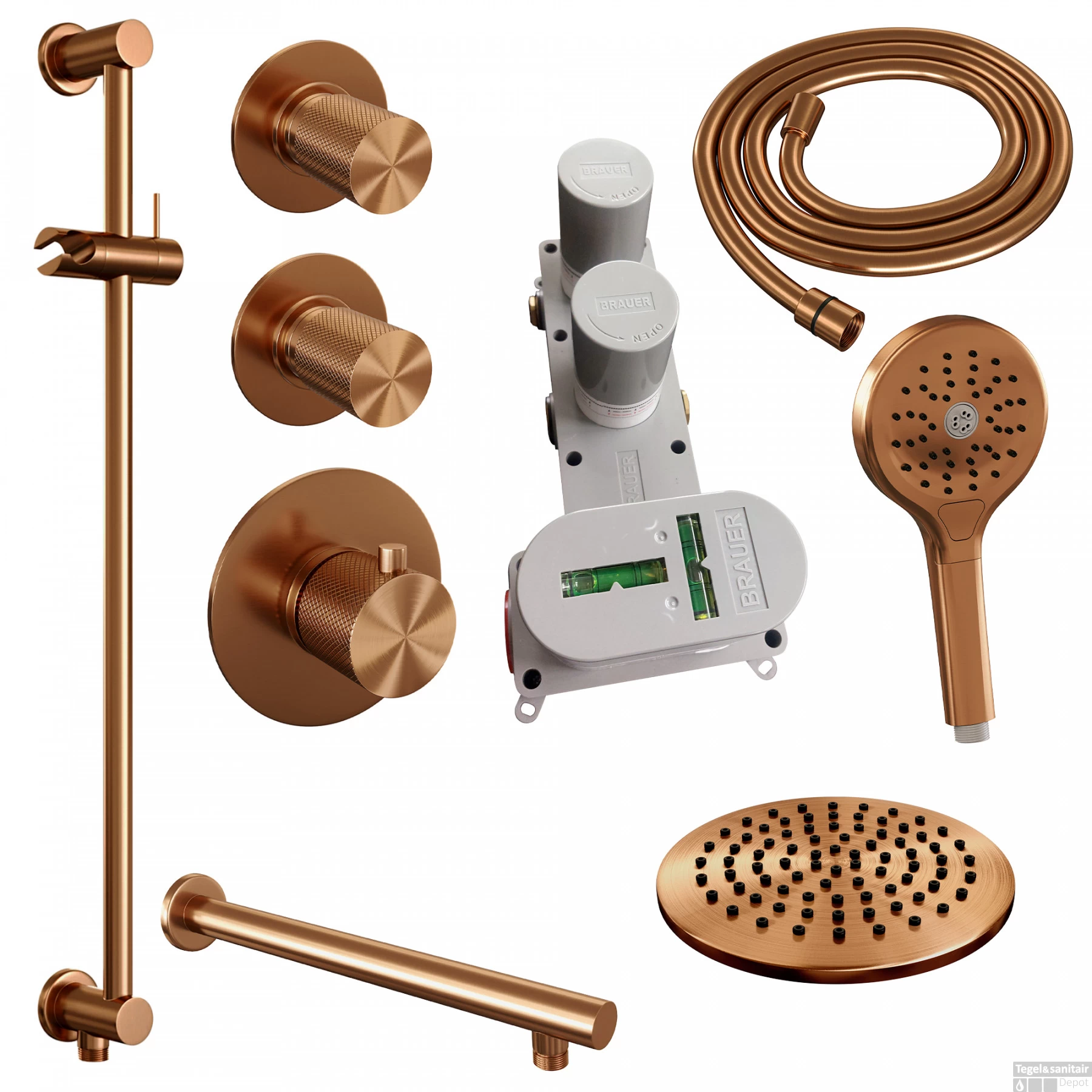 Regendoucheset Inbouw Brauer Copper Carving Thermostatisch 20cm Met Wandarm, Glijstang En Handdouche 3-Standen Losse Stopkranen Geborsteld Koper - Afbeelding 4