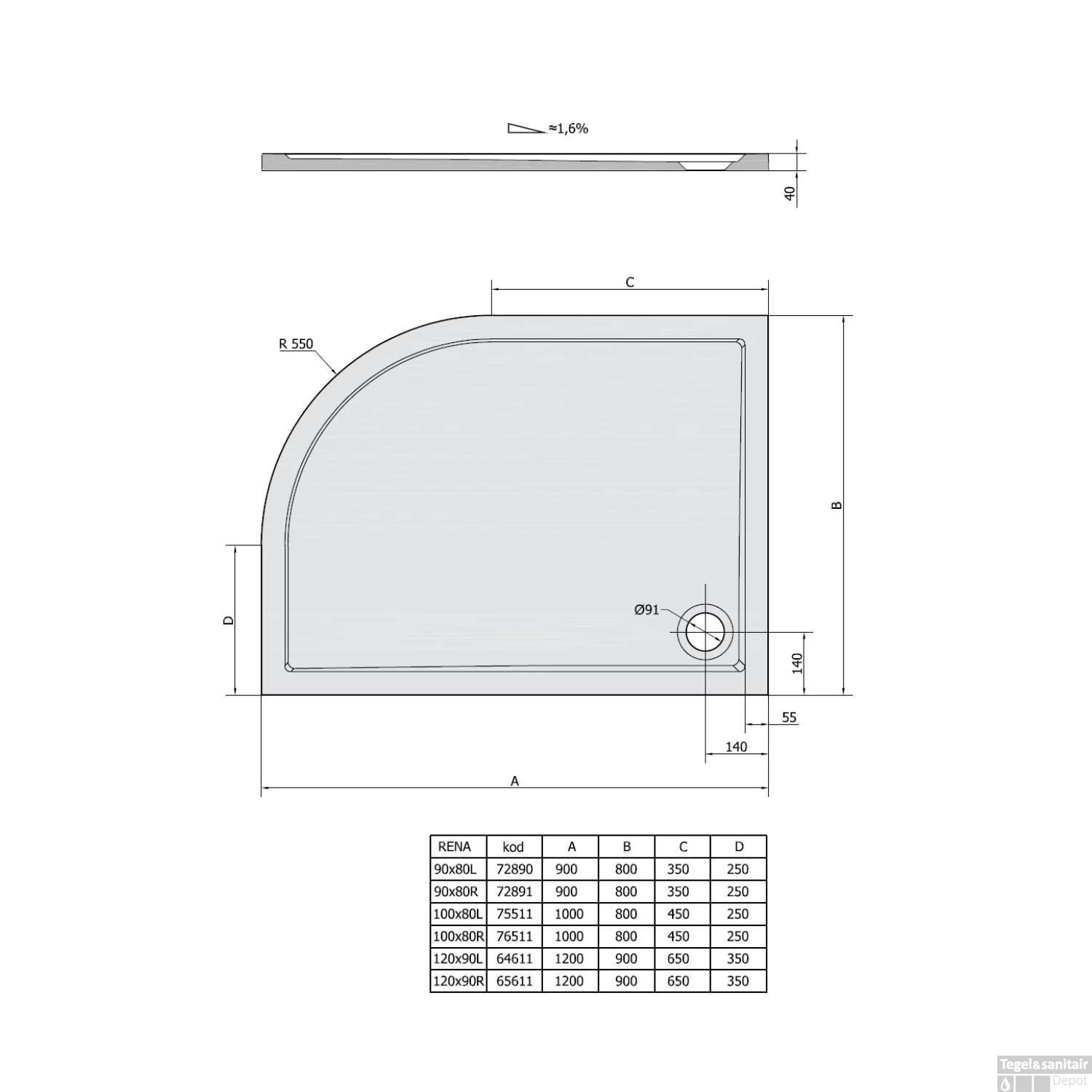 Douchebak Gegoten Marmer Sapho Rena 120x90x4 Cm Kwartrond Links Wit - Afbeelding 2