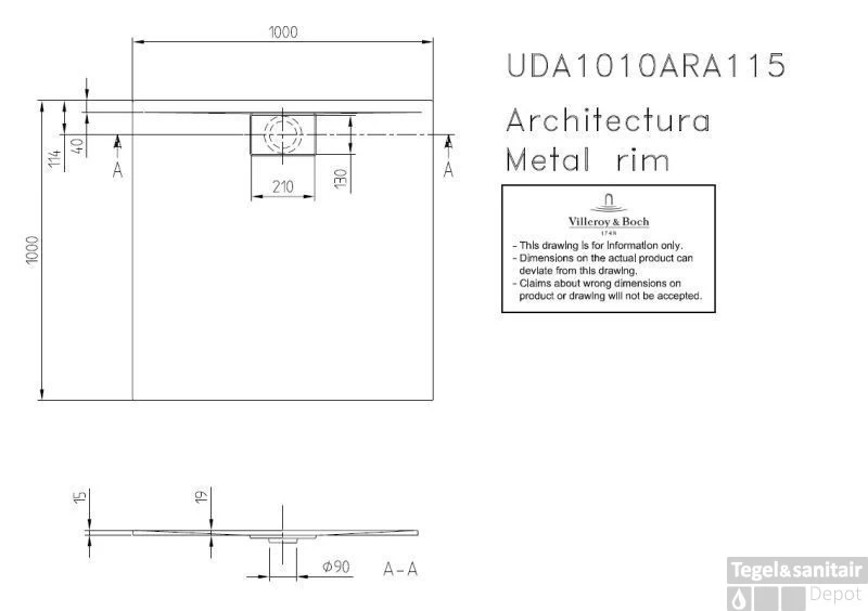 Villeroy & Boch Architectura Metal Rim Douchebak 100x100x1.5 Cm. Wit - Afbeelding 2