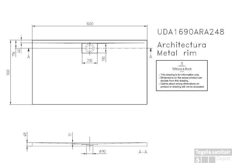 Villeroy & Boch Architectura Metal Rim Douchebak 160x90x4.8 Cm. Wit - Afbeelding 2