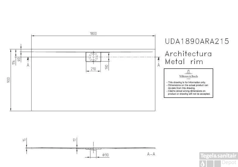 Villeroy & Boch Architectura Metal Rim Douchebak 180x90x1.5 Cm. Wit - Afbeelding 2