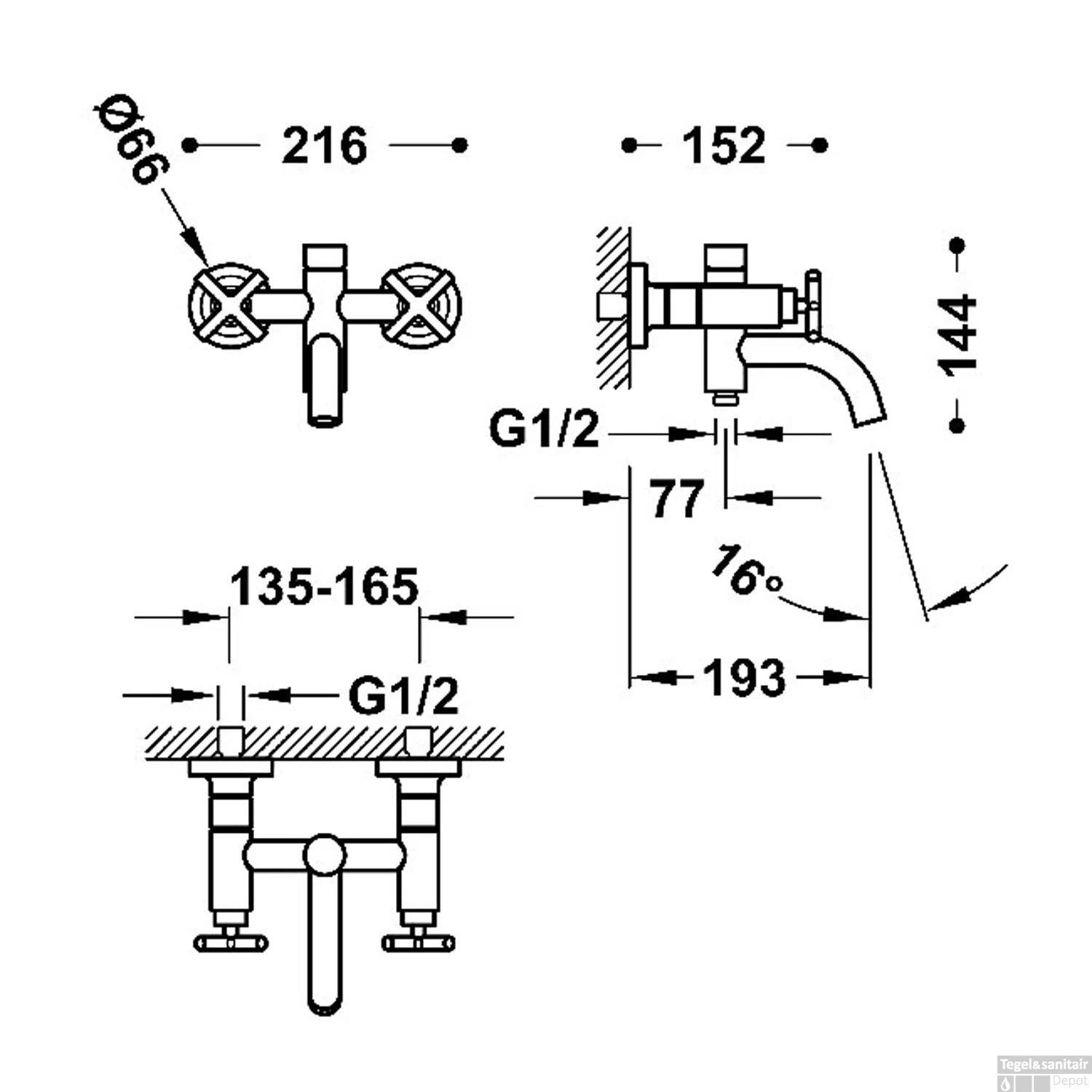 Bad- En Douchemengkraan Tres Mont Blanc 2-Kruisgreep Met Staafhanddouche Chroom - Afbeelding 2