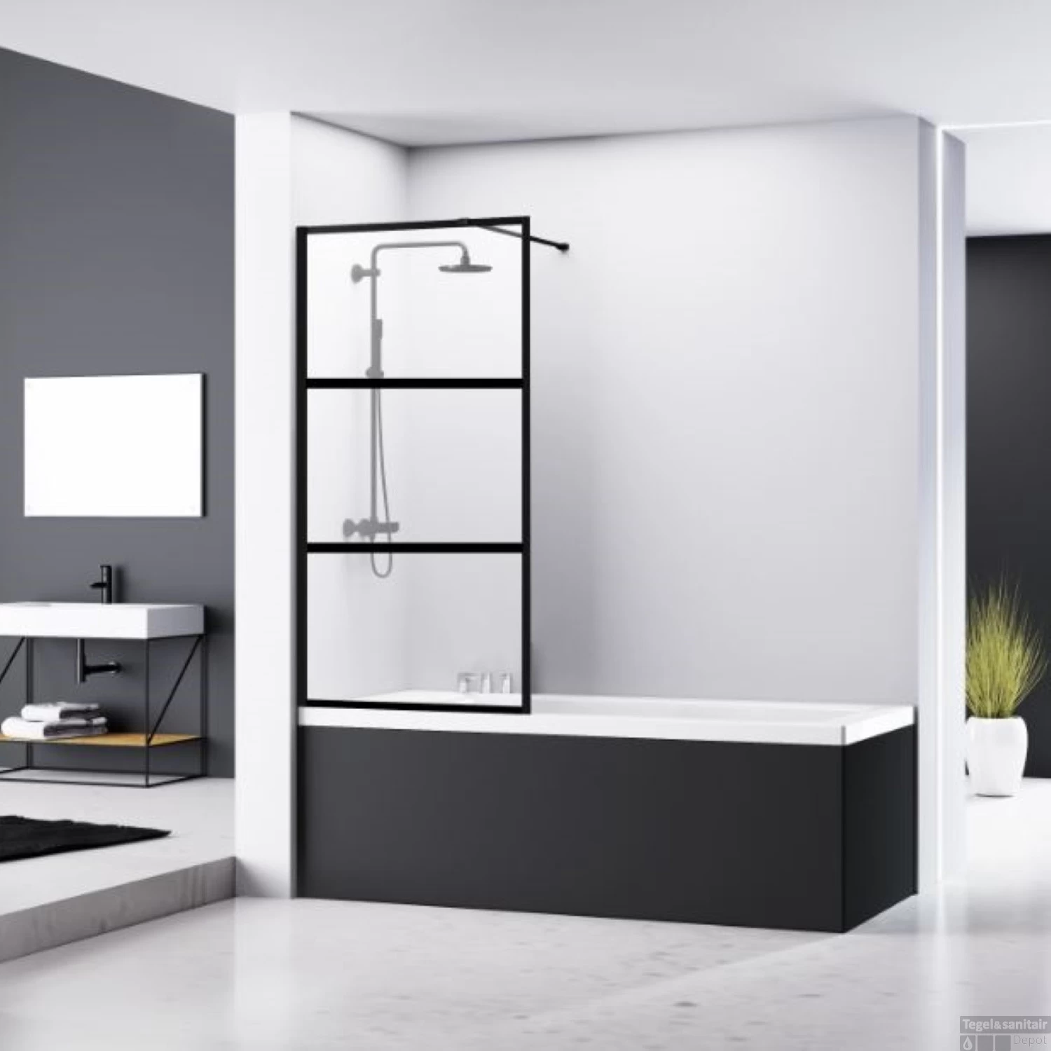 Badwand Van Rijn ST04 Helder Glas 8 Mm 3 Delen Aluminium Zwart Profiel 80x160 Cm