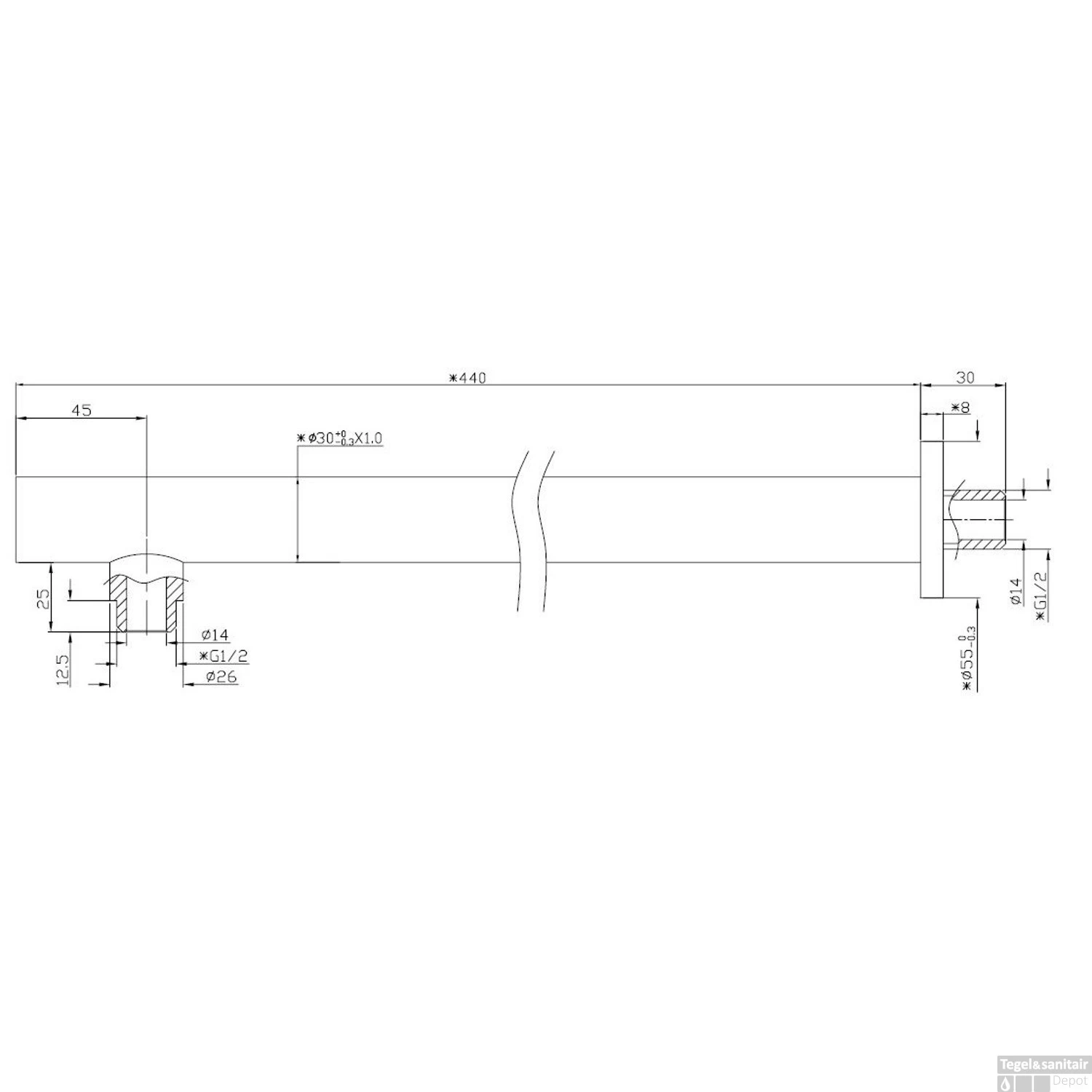 BWS Douchearm Rond Muurbevestiging 45cm Mat Zwart - Afbeelding 3