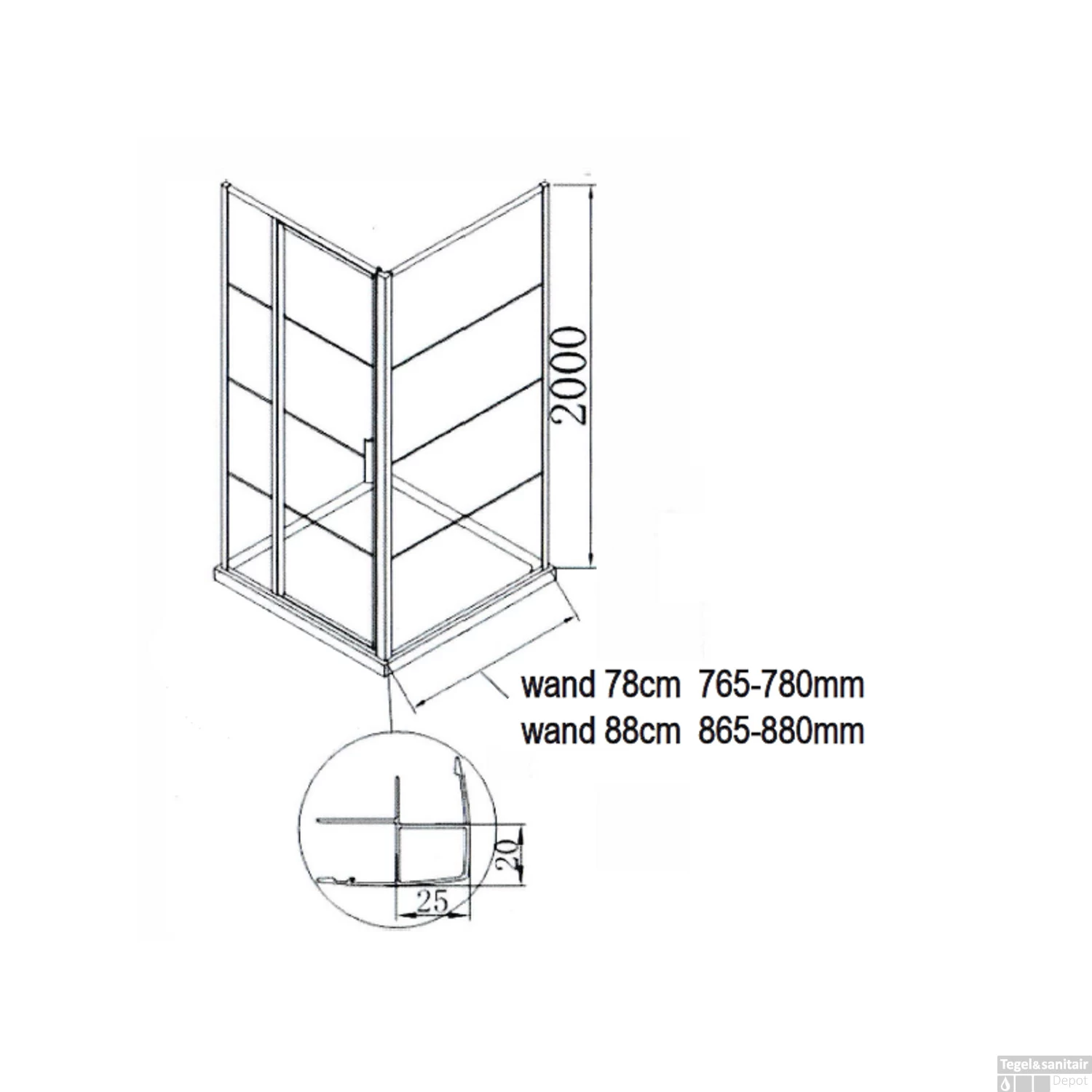 BWS Inloopdouche Frame 88x200 Cm 8mm NANO Glas Mat Zwart - Afbeelding 3