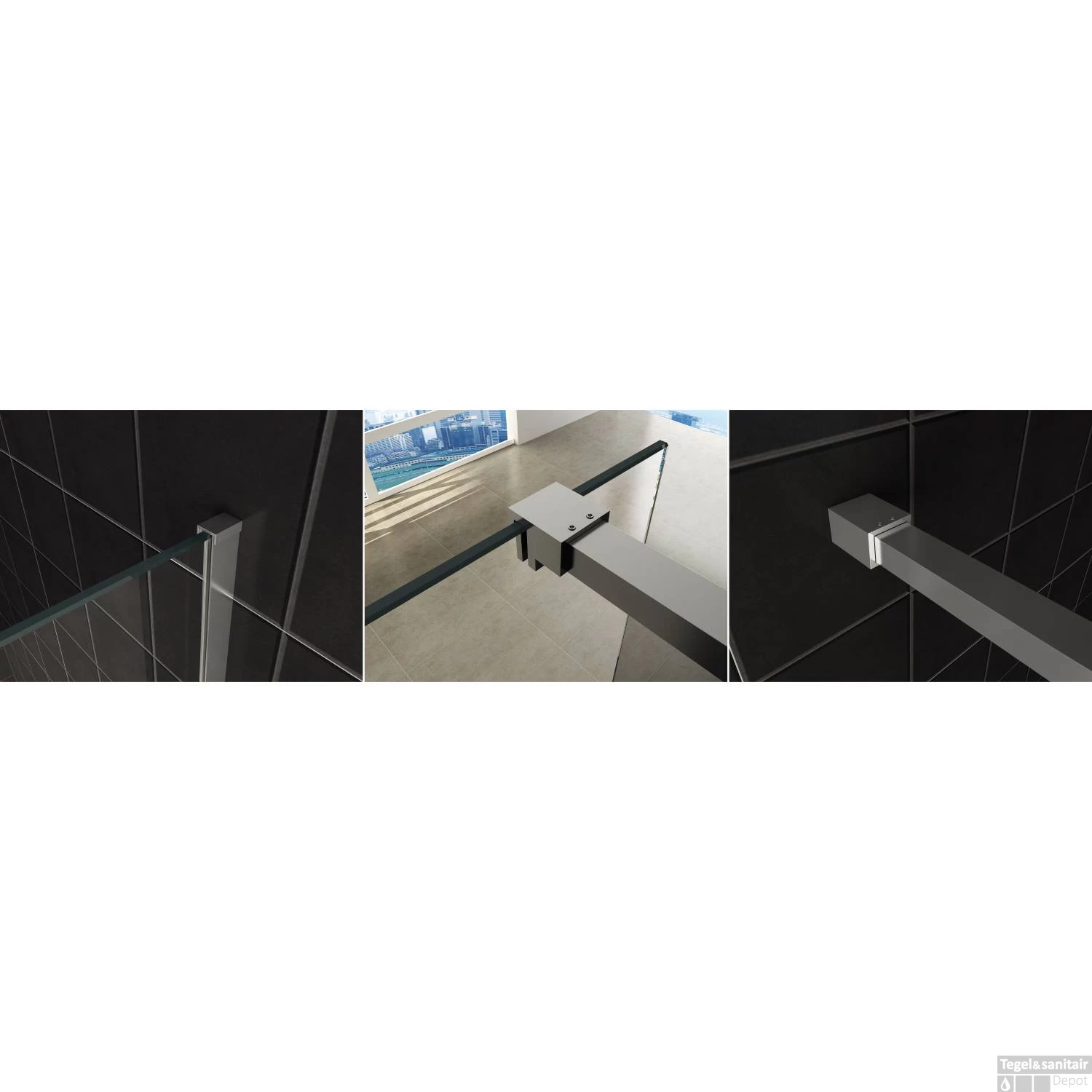 BWS Inloopdouche Pro Line Rookglas Met Middenband 110x200 8mm Nano Coating RVS Profiel En Stang - Afbeelding 3