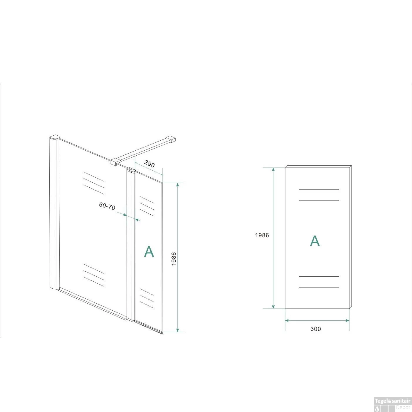 BWS Zijwand Met Scharnierprofiel Links En Geheel Mat Glas 35x200 Cm 10mm NANO Coating - Afbeelding 2