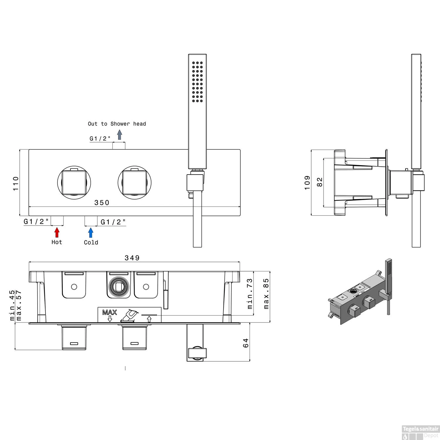 Inbouw Thermostatische Douchekraan Sapho Dimy 2-Weg Mat Zwart (incl. Handdouche) DM493BL OUTLET - Afbeelding 6