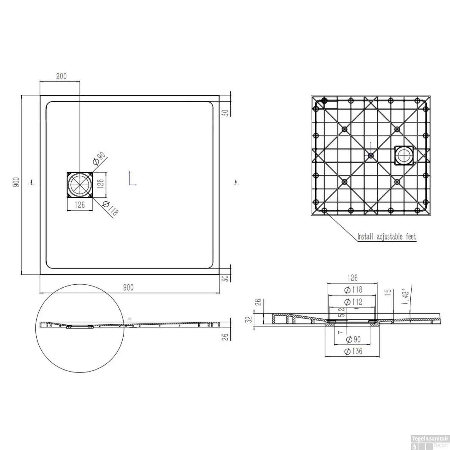 Douchebak Boss & Wessing Naxos SMC 90x90 Cm Stone-look Mat Grijs - Afbeelding 3