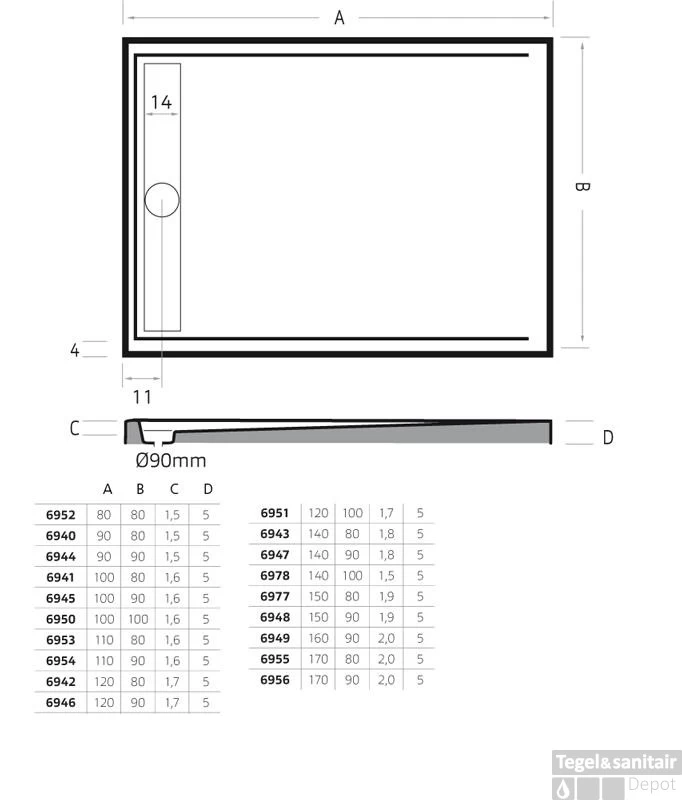 Douchebak Rechthoek Zelfdragend Easy Tray 100x90x5cm Wit Glans - Afbeelding 2
