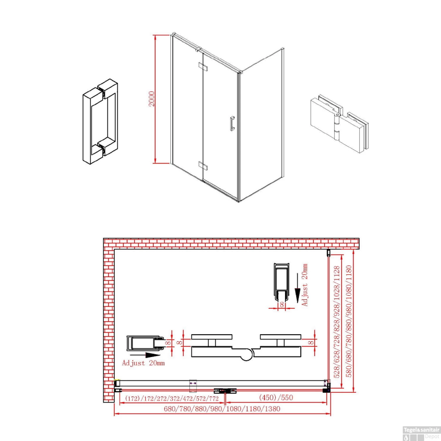 Douchecabine Boss & Wessing PC NIZ 100x... Cm 8mm Veiligheidsglas NANO Coating Mat Zwart - Afbeelding 2