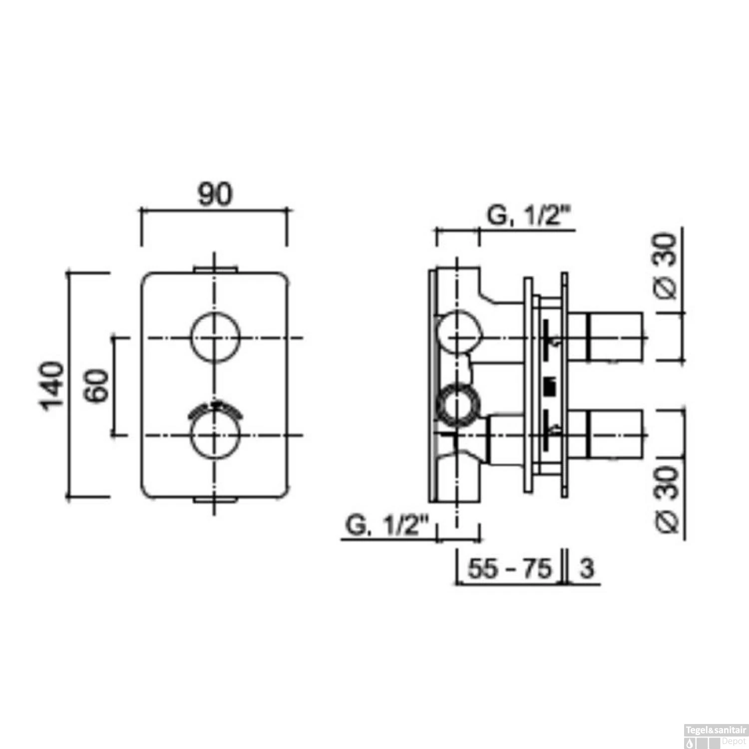 Douchekraan Sanimex Giulini Thermostatisch 2-weg Mat Zwart (Incl. Inbouwdeel) - Afbeelding 2