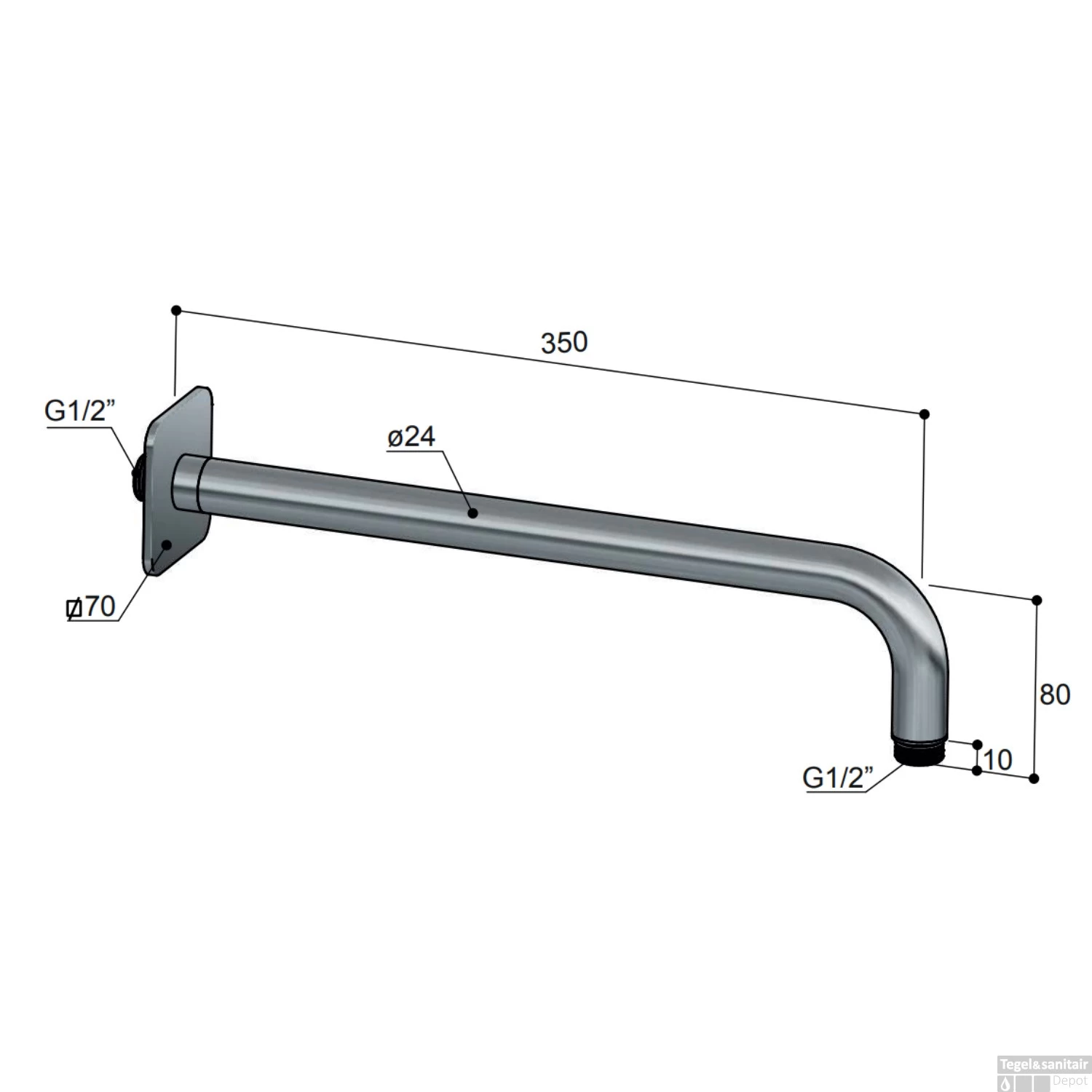 Wandarm Hotbath Gal 40 Cm Vierkant Geborsteld Messing PVD - Afbeelding 2