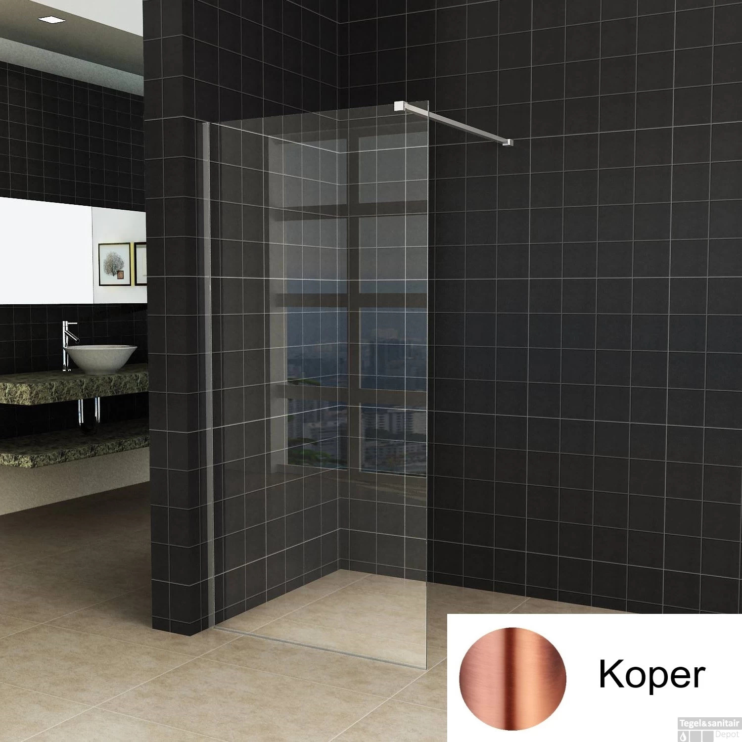 BWS Inloopdouche Pro Line Helder Glas 85x200 Geborsteld Messing Koper Profiel En Stang - Afbeelding 3