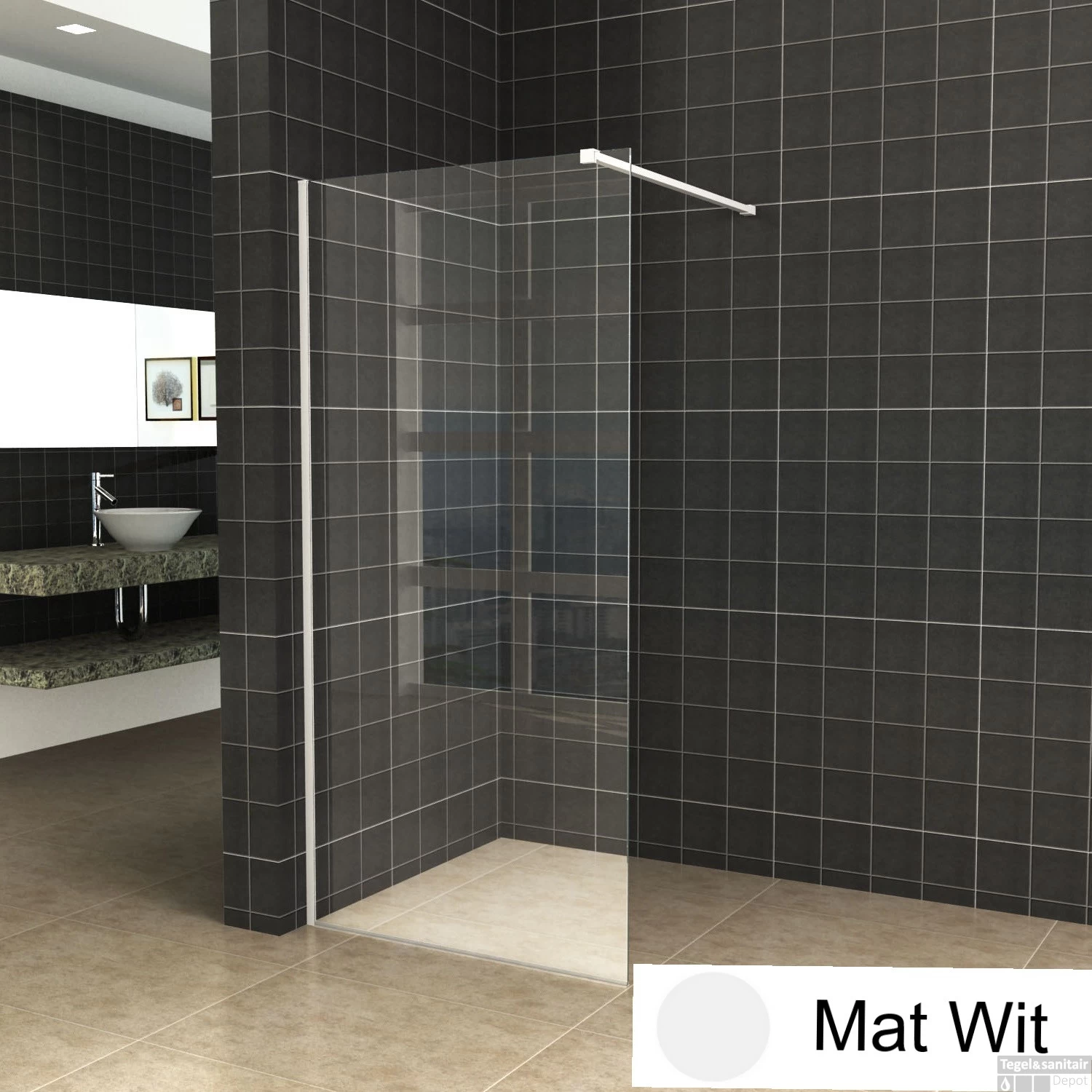 BWS Inloopdouche Pro Line Helder Glas 60x200 Mat Wit Profiel En Stabilisatiestang - Afbeelding 2