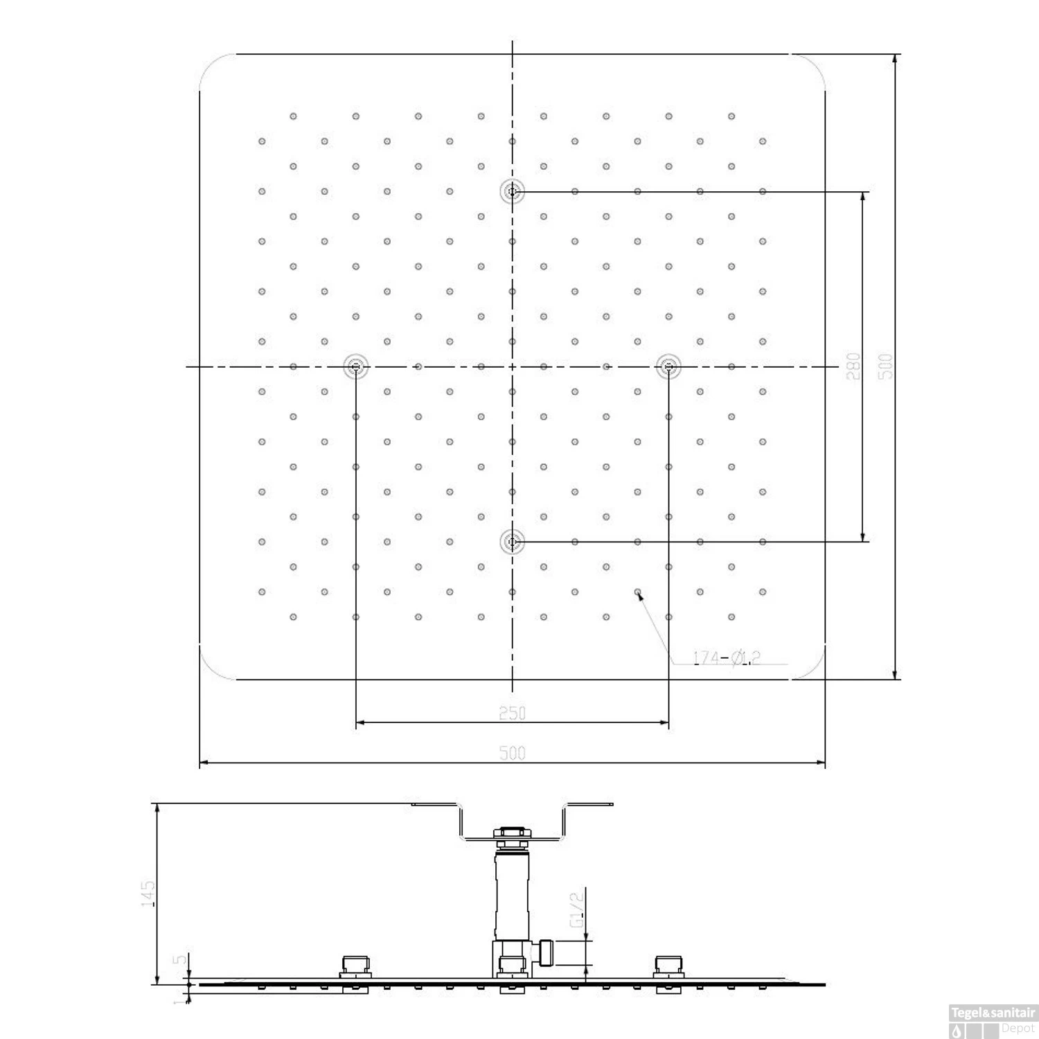 Inbouw Hoofddouche Vierkant UFO Wiesbaden 50x50x2 Cm Chroom - Afbeelding 2
