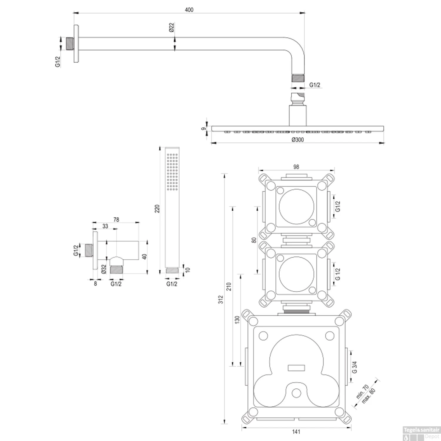 Inbouw Regendouche Set Brauer Brushed Edition Gebogen Wanduitloop Ronde Hoofddouche 30 Cm Met Twee Stopkranen RVS Look - Afbeelding 10