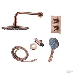 Inbouw Regendouche Set Boss & Wessing Copper Met Wanduitloop En 3 Standen Handdouche Geborsteld Koper 20 Cm