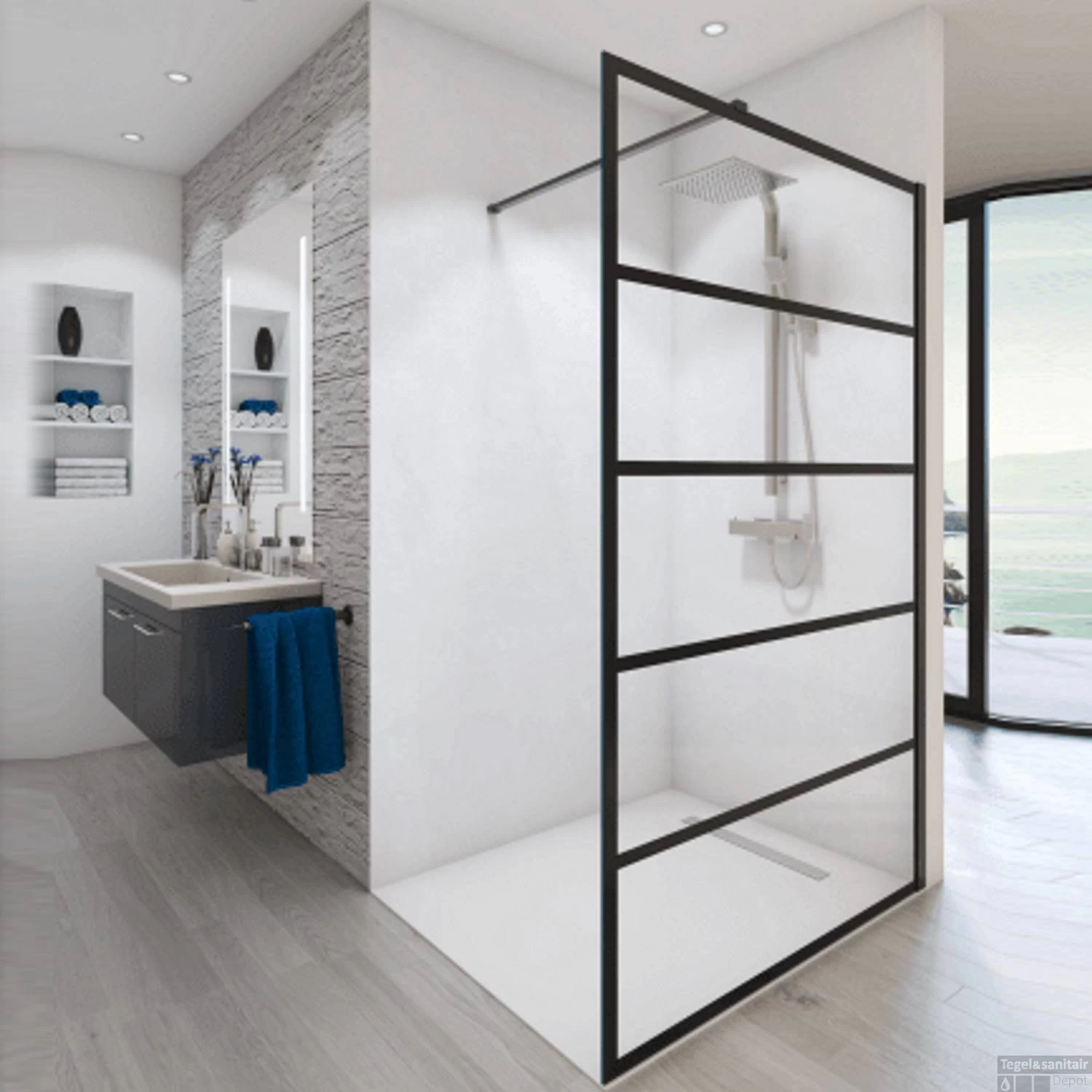 Inloopdouche BWS Free Time Met Zwarte Banen 90x200cm 8mm Mat Zwart