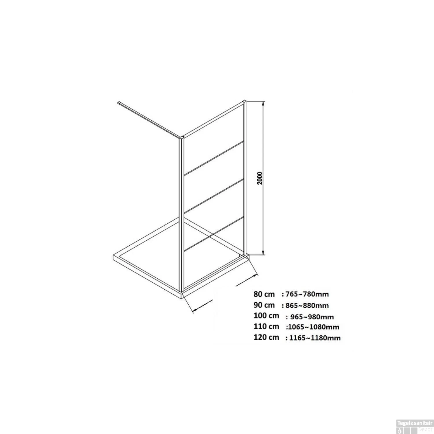 BWS Inloopdouche Frame 45x200 Cm 8mm NANO Glas Mat Zwart Raster - Afbeelding 3