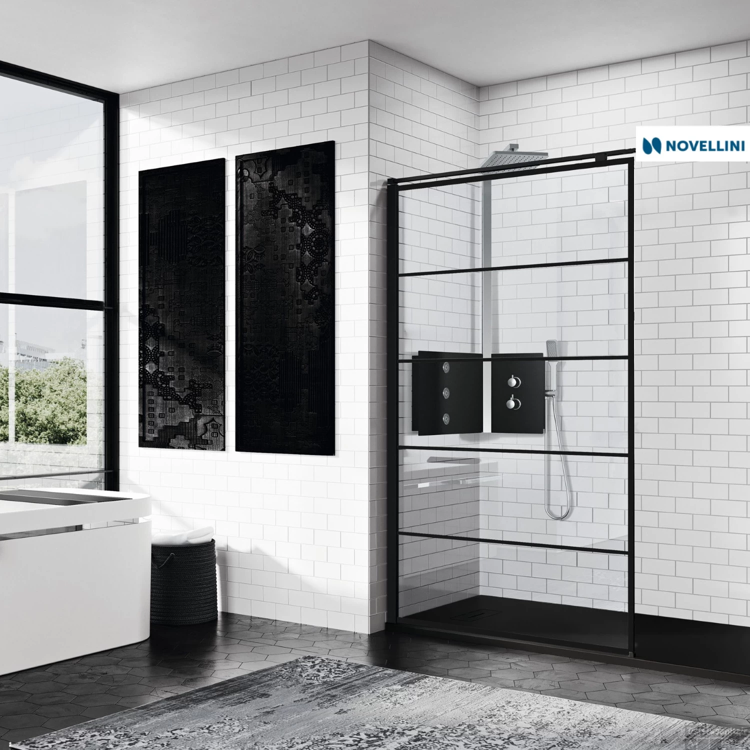Inloopdouche Novellini Kuadra H Stripes Helder Glas Mat Zwart Profiel (alle Maten)