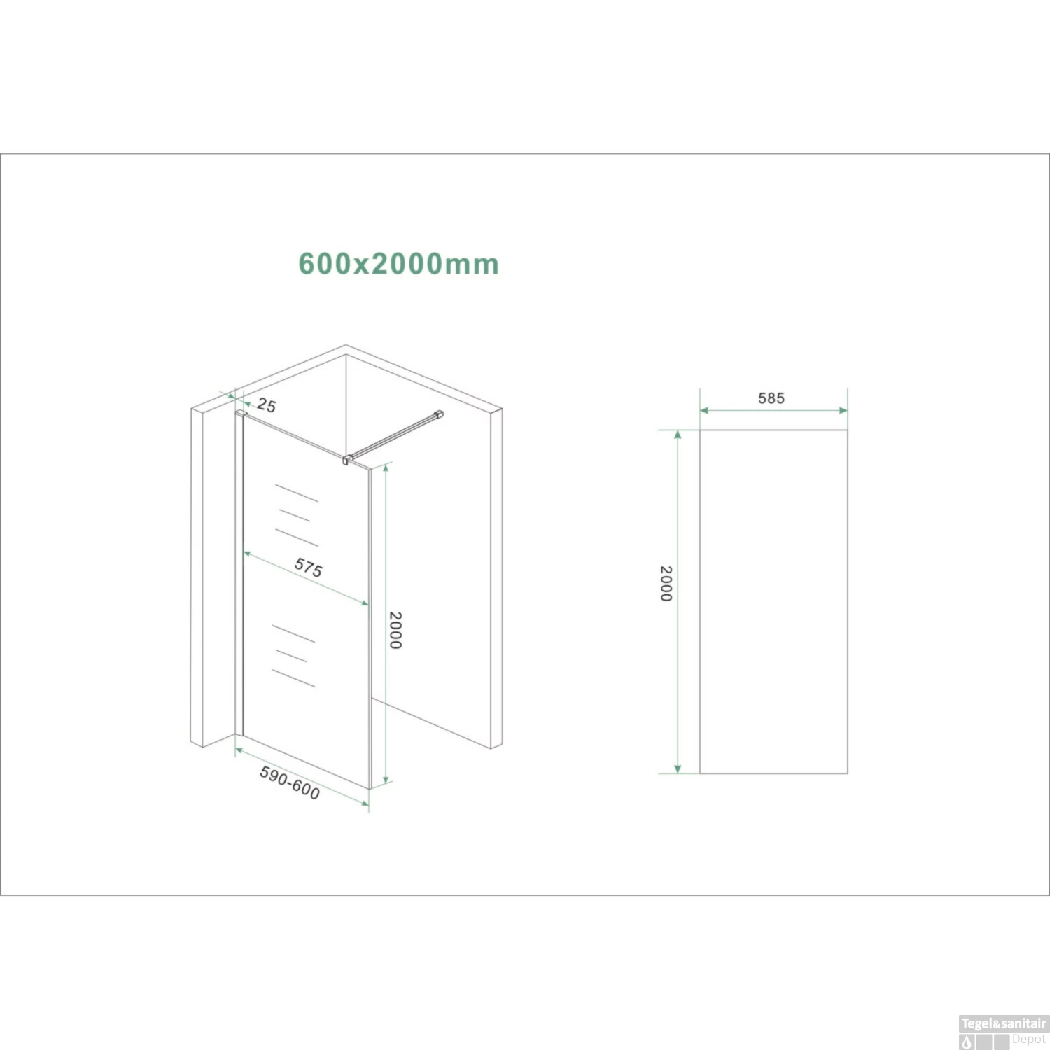 BWS Inloopdouche Pro Line Helder Glas 60x200 Mat Wit Profiel En Stabilisatiestang - Afbeelding 4
