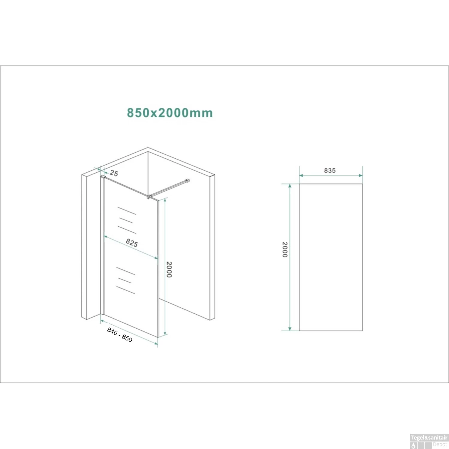 BWS Inloopdouche Pro Line Helder Glas 85x200 Geborsteld Messing Koper Profiel En Stang - Afbeelding 8
