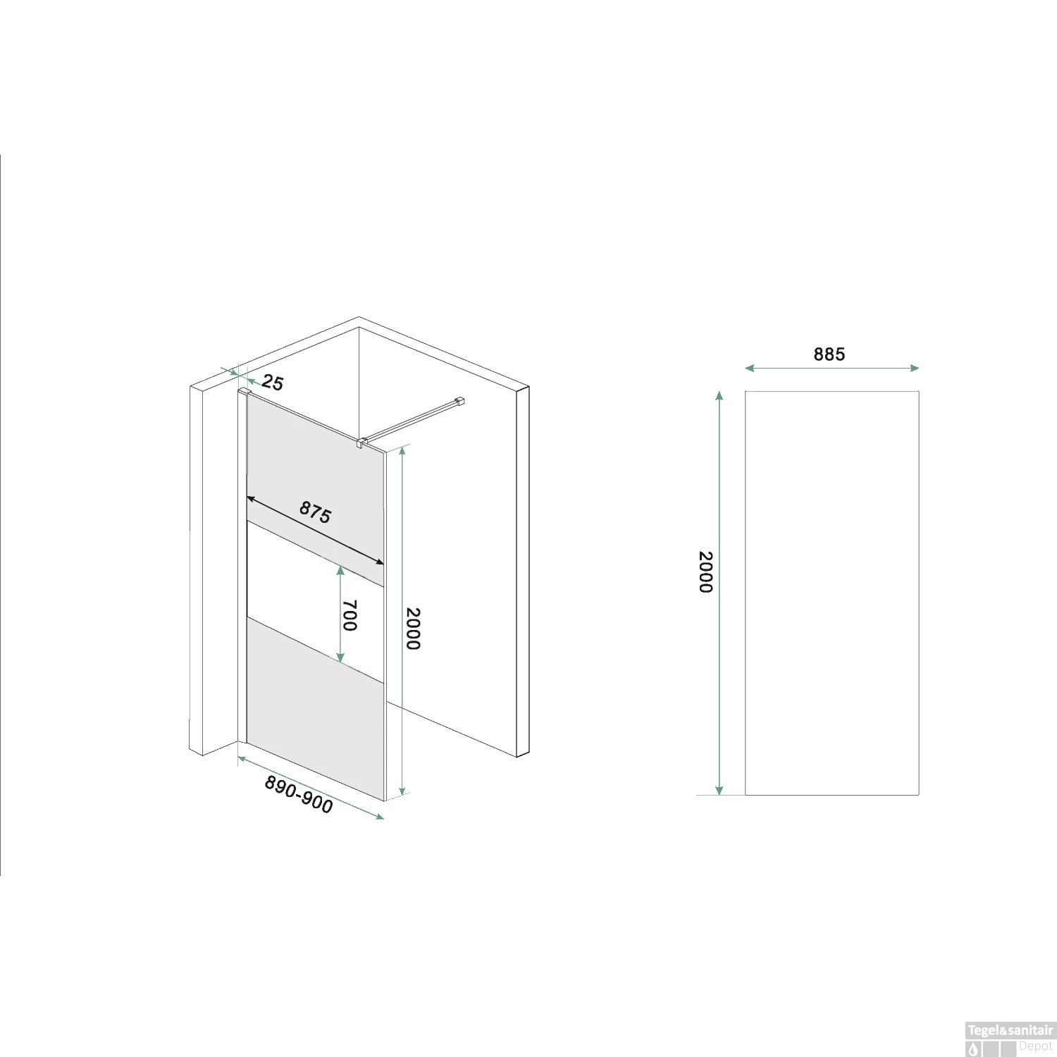 BWS Inloopdouche Pro Line Rookglas Met Middenband 90x200 8mm Nano Coating Geborsteld Messing Goud Profiel En Stang - Afbeelding 6