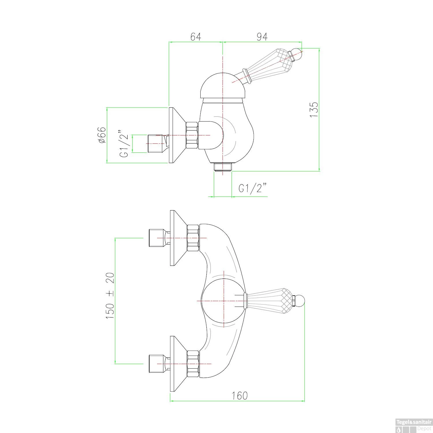 Opbouw Douchekraan Sapho Kirké Mengkraan Retro Kristal 1-hendel Brons - Afbeelding 3