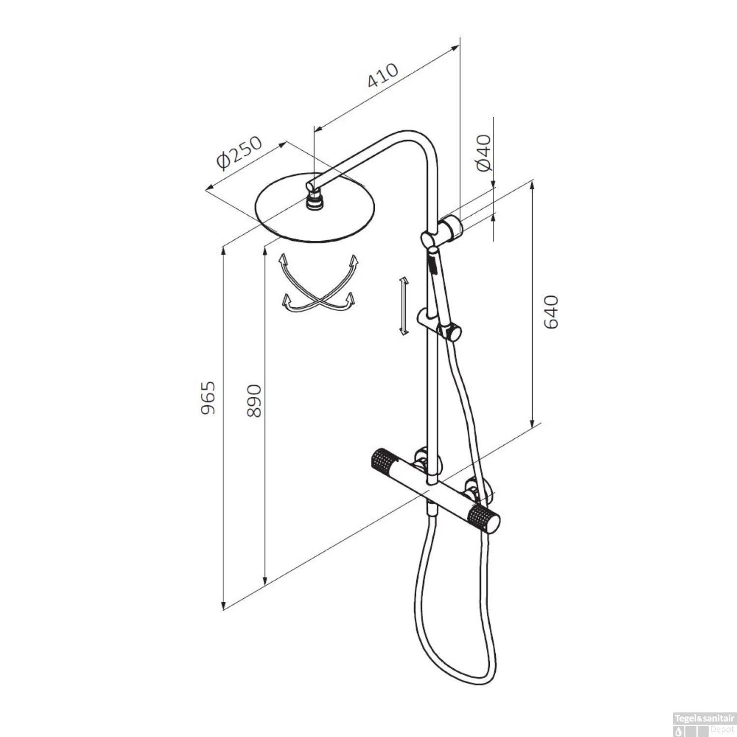 Opbouw Regendouche Set GRB Aura Ronde Douchekop Ø25 Cm En Staaf Handdouche Zwart - Afbeelding 2