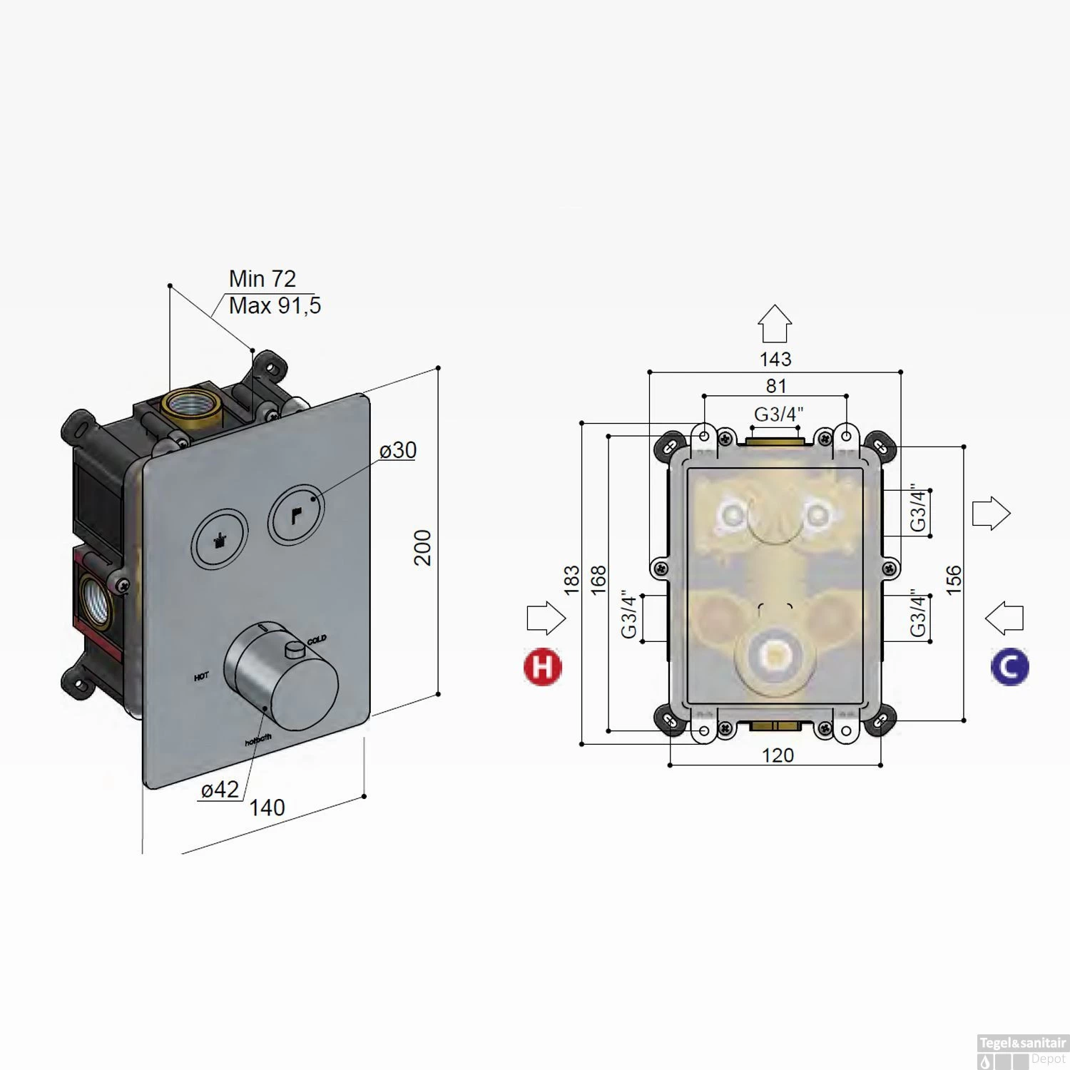 Douchethermostaat Hotbath Cobber Inbouw 2 Pushbuttons Vierkant Verouderd IJzer (excl. Inbouwdeel) - Afbeelding 3