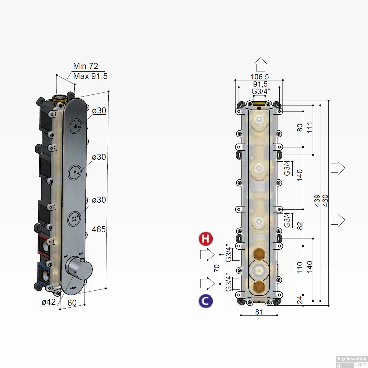 Douchethermostaat Hotbath Cobber Inbouw 3 Pushbuttons Geborsteld Nikkel (excl. Inbouwdeel) - Afbeelding 4