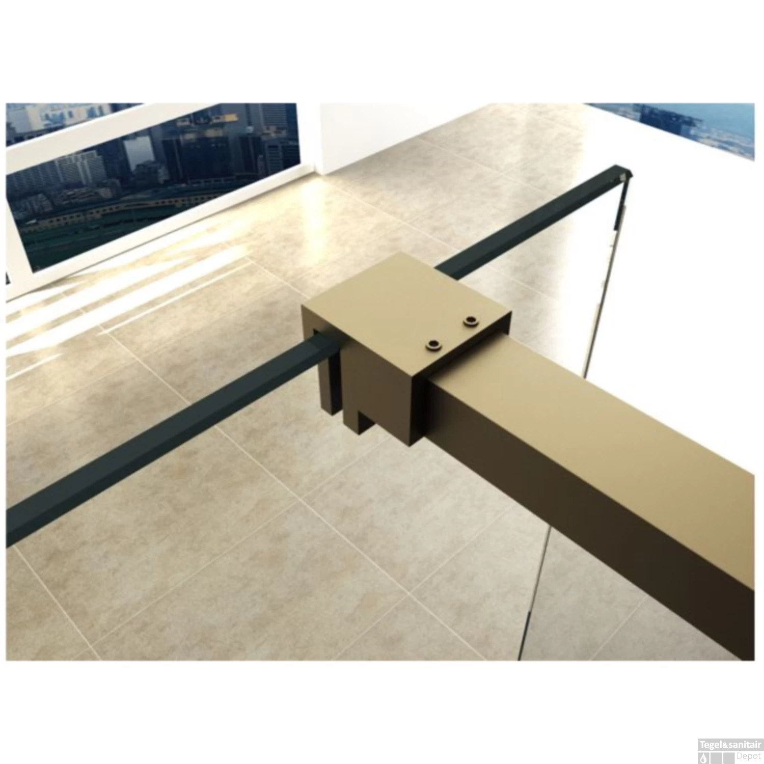 BWS Inloopdouche Pro Line Rookglas Met Middenband 90x200 8mm Nano Coating Geborsteld Messing Goud Profiel En Stang - Afbeelding 4