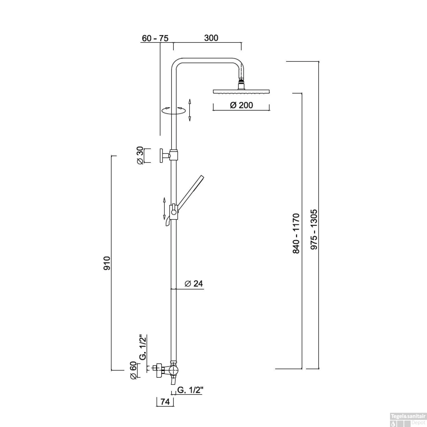 Regendouche Opbouwset Sanimex Giulini Thermostatisch Incl. Douchegarnituur Ø 20cm Mat Zwart - Afbeelding 2