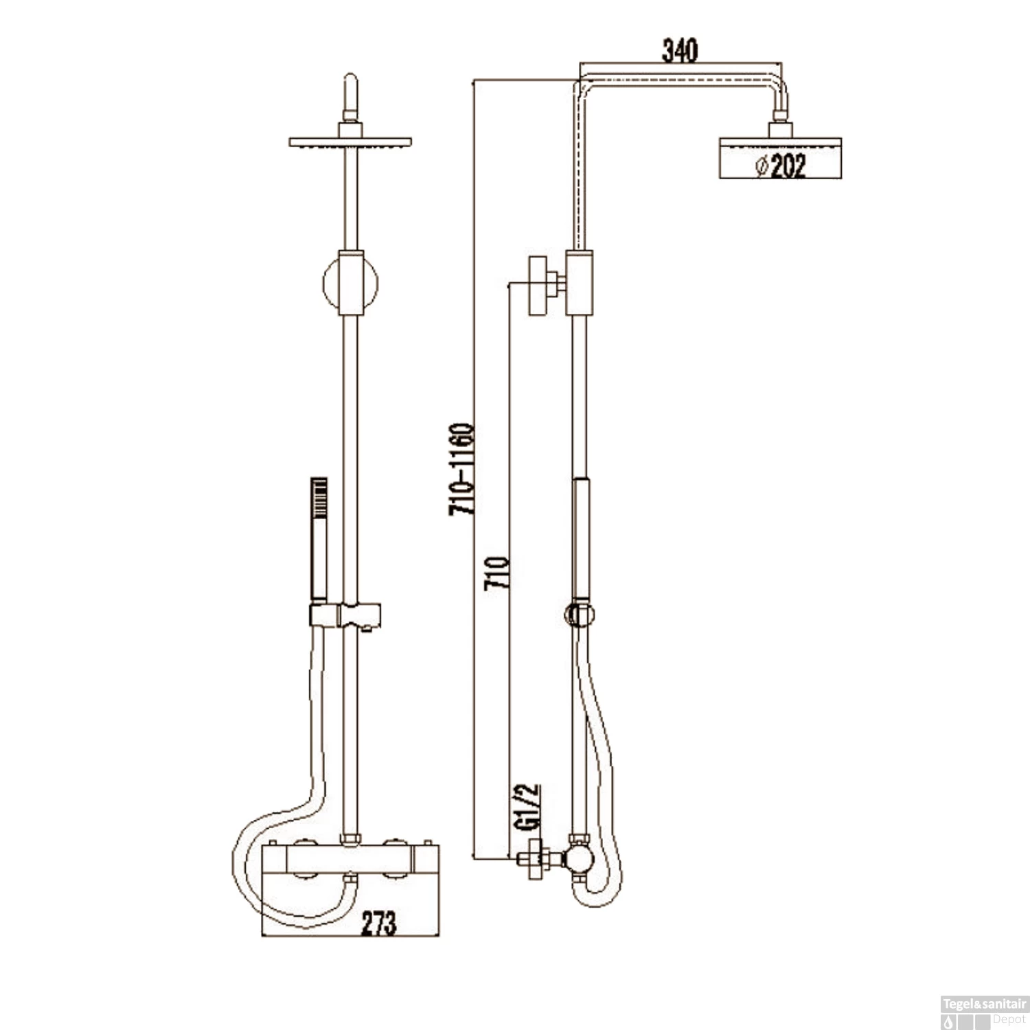 Regendouche Set Best Design Black Pary Opbouw Thermostaat Messing Ø 20cm Mat Zwart - Afbeelding 2