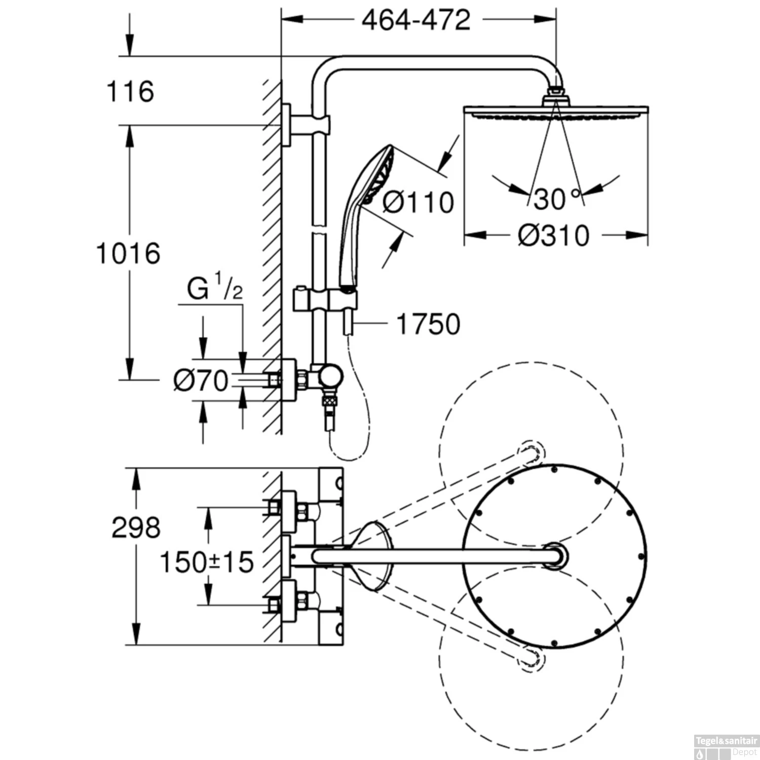 Regendoucheset Grohe Euphoria System Met Opbouw Thermostaatkraan Hard Graphite Geborsteld - Afbeelding 3