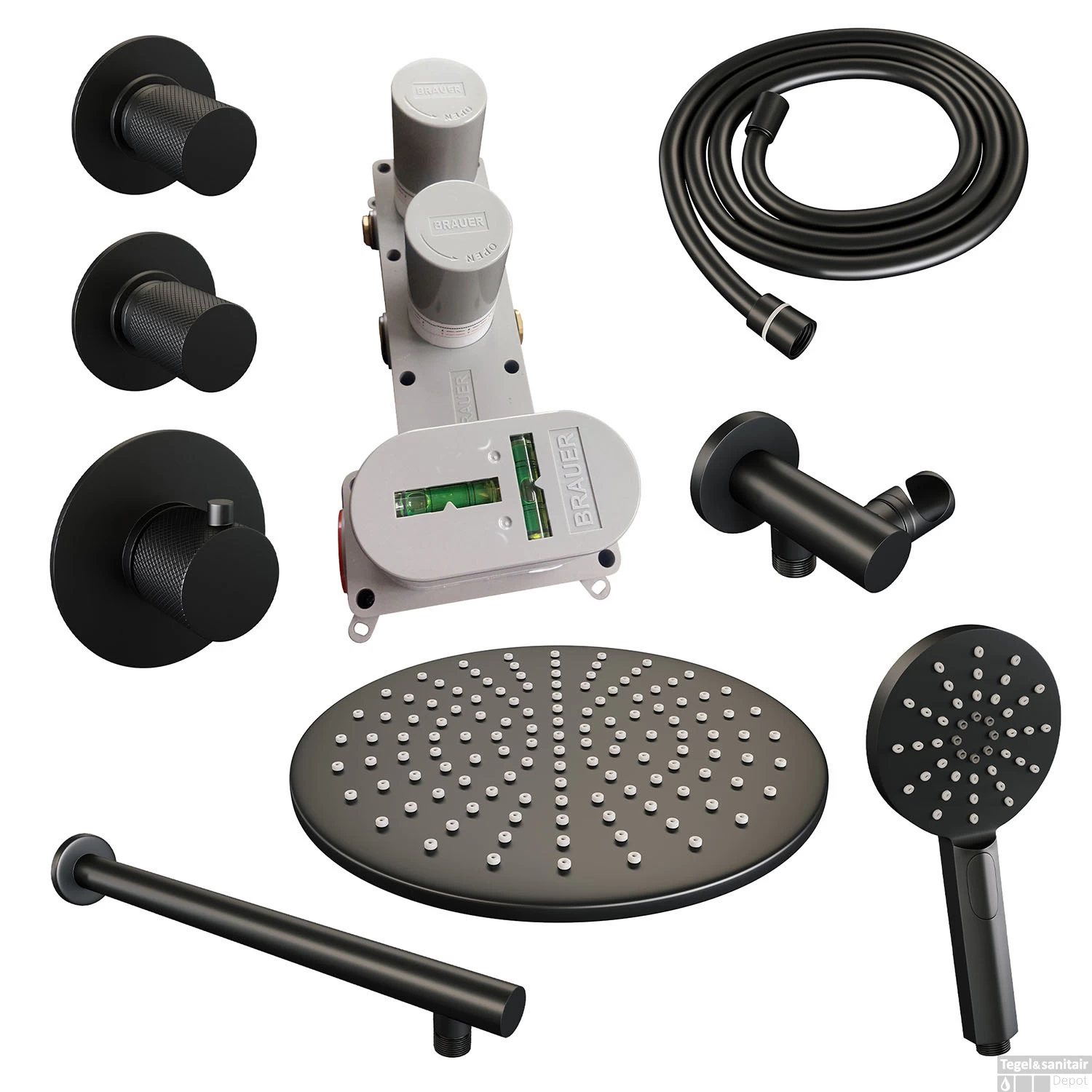 Regendoucheset Inbouw Brauer Black Carving Thermostatisch 30cm Met Wandarm En Handdouche 3-Standen Losse Stopkranen Mat Zwart - Afbeelding 3