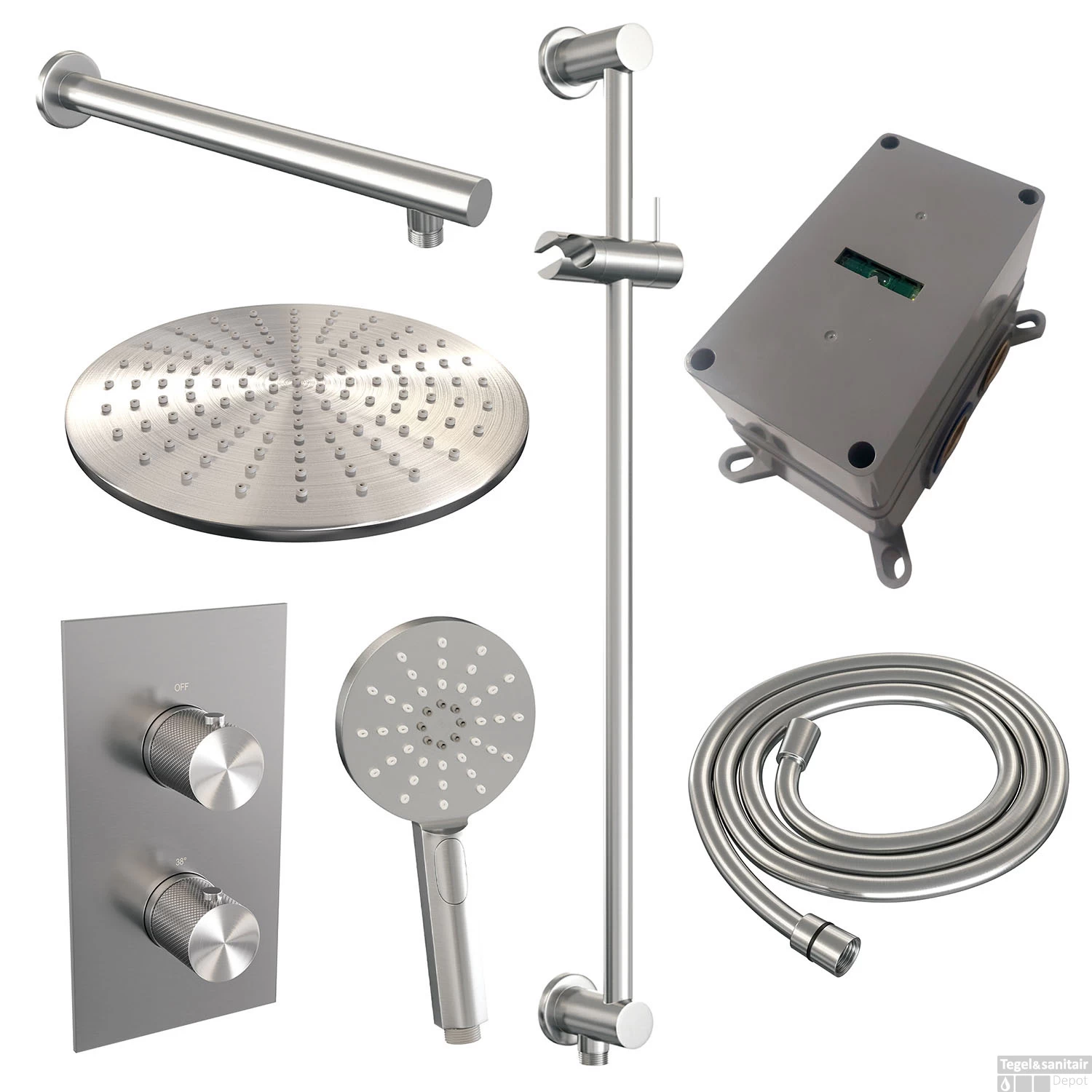 Regendoucheset Inbouw Brauer Brushed Carving Thermostatisch 30cm Met 3-Weg Omstelling, Wandarm, Glijstang En 3-Standen Handdouche Geborsteld RVS - Afbeelding 3