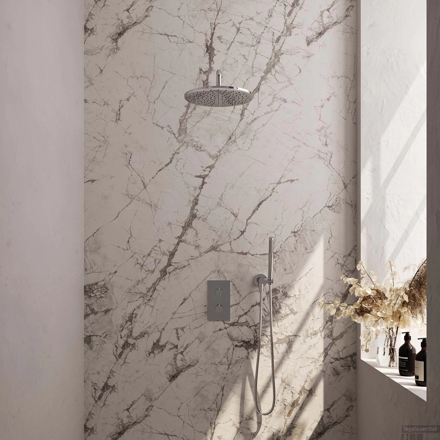 Regendoucheset Inbouw Brauer Chrome Carving Thermostatisch 30cm Met 3-Weg Omstelling, Gebogen Wandarm En Staaf Handdouche Chroom