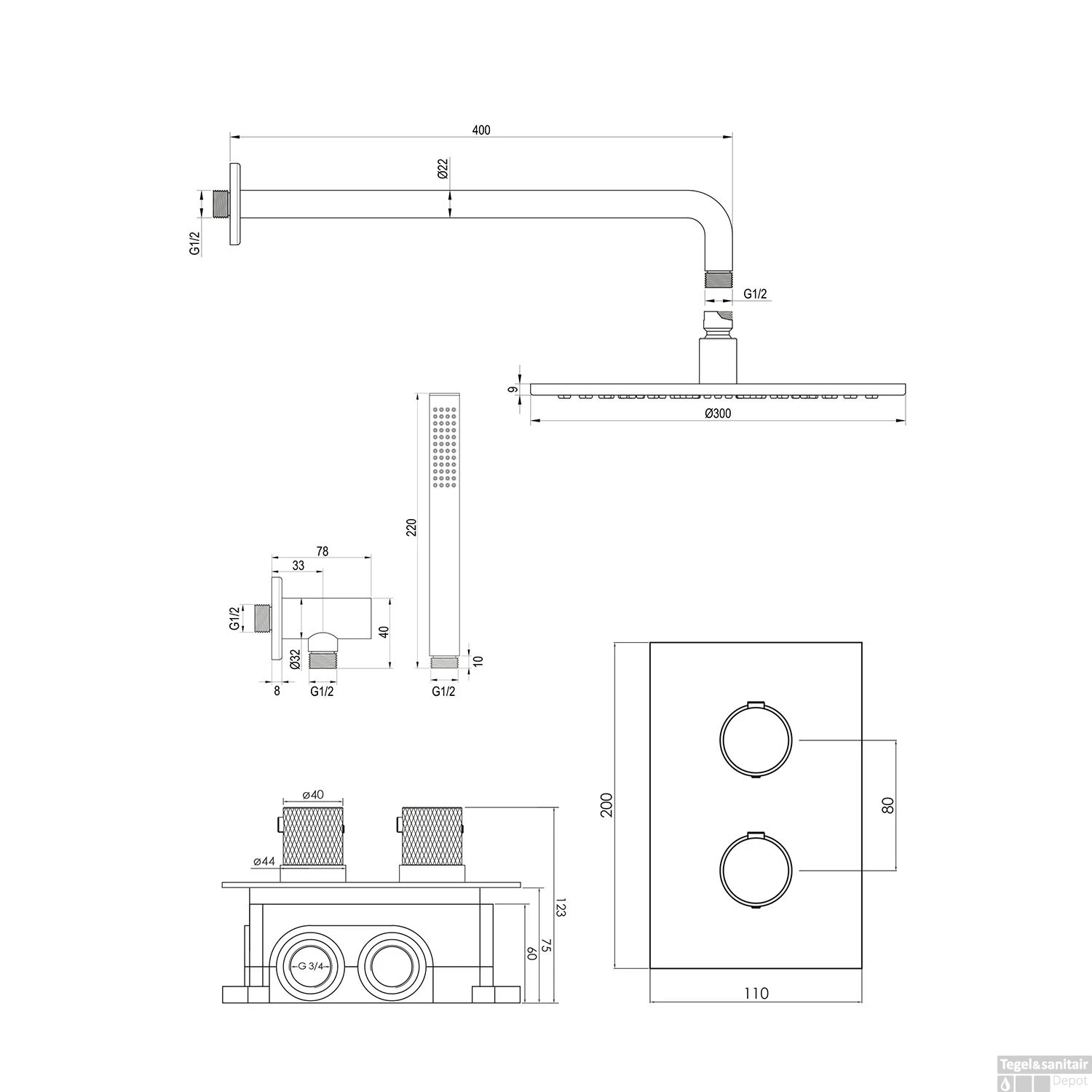Regendoucheset Inbouw Brauer Chrome Carving Thermostatisch 30cm Met 3-Weg Omstelling, Gebogen Wandarm En Staaf Handdouche Chroom - Afbeelding 12