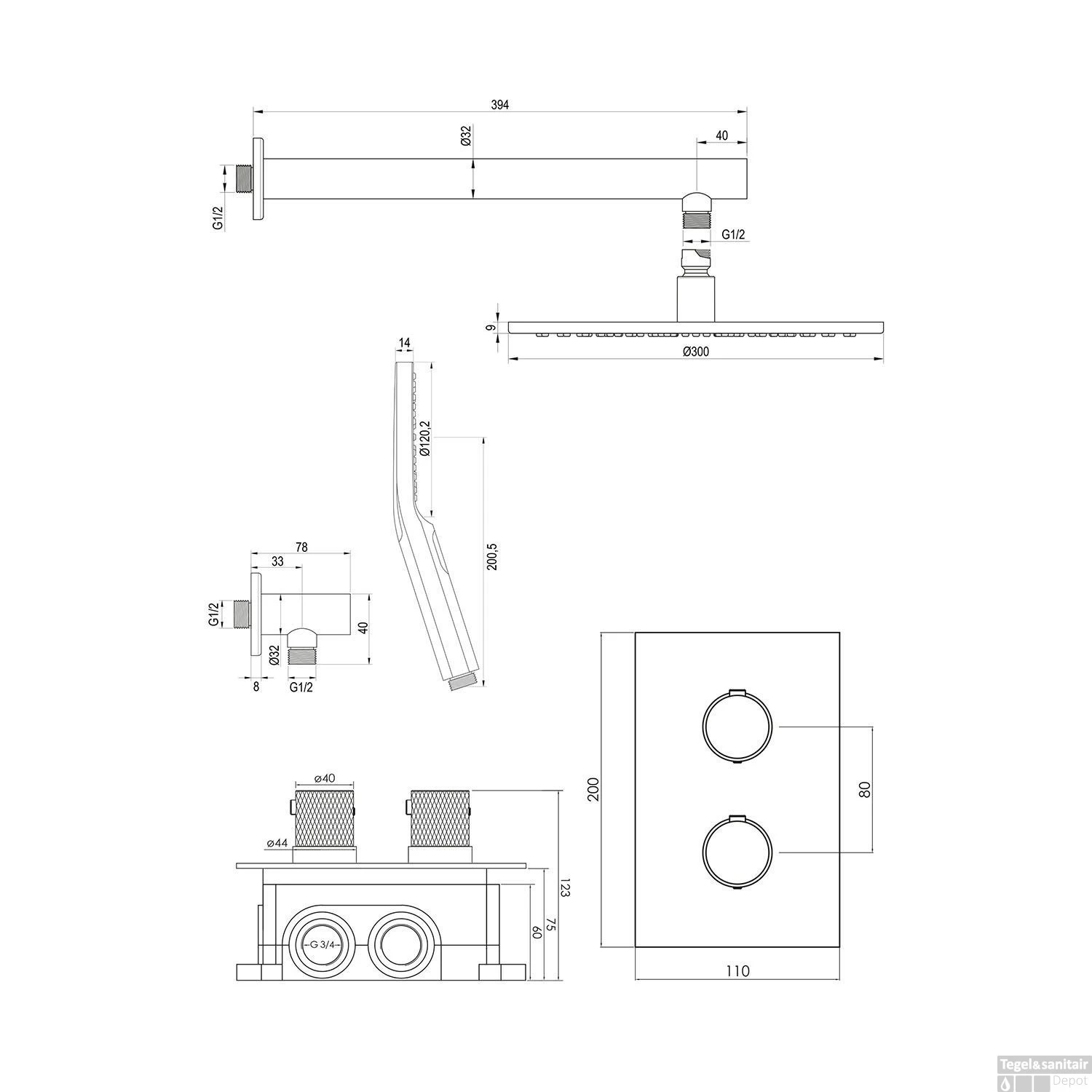 Regendoucheset Inbouw Brauer Chrome Carving Thermostatisch 30cm Met 3-Weg Omstelling, Wandarm En 3-Standen Handdouche Chroom - Afbeelding 12