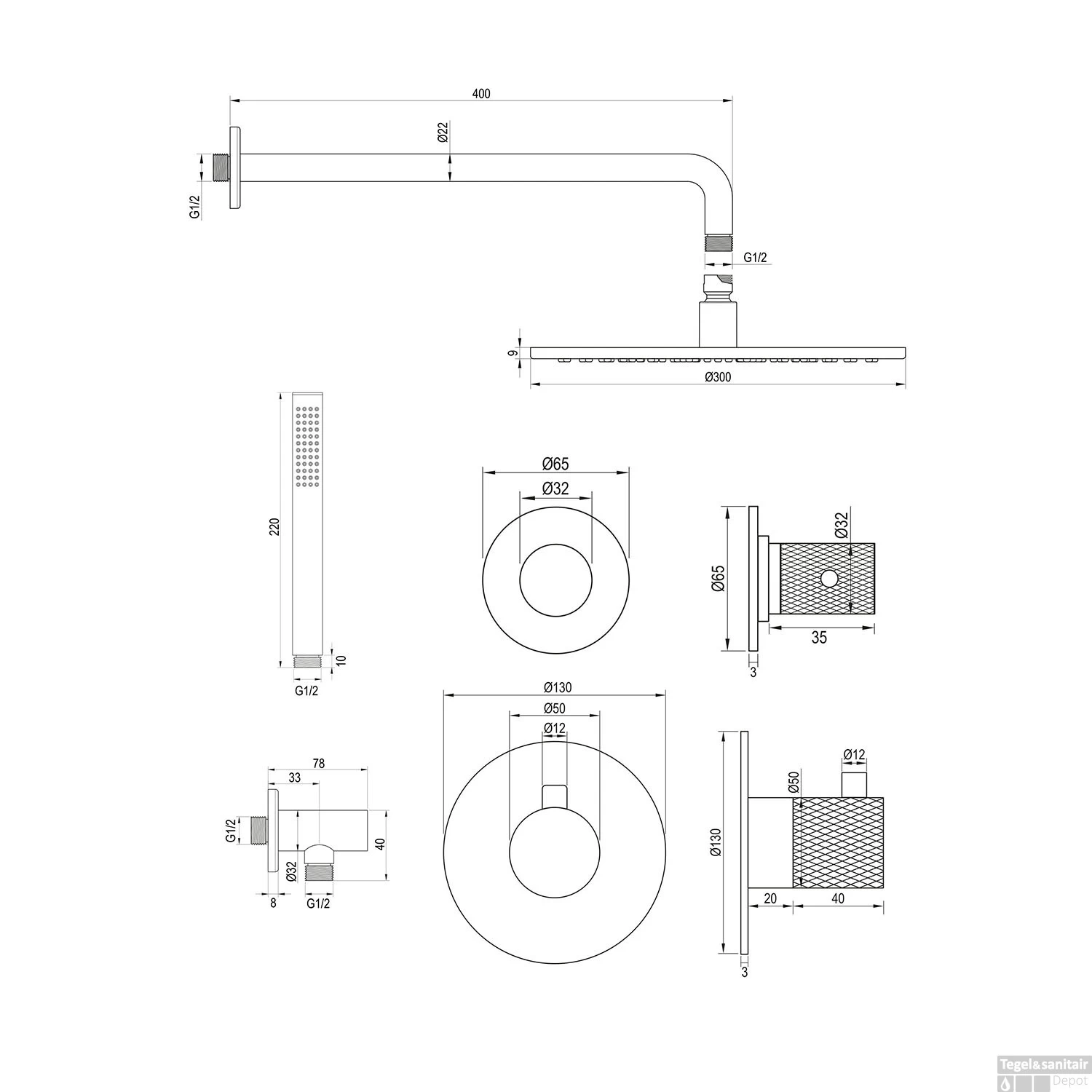 Regendoucheset Inbouw Brauer Chrome Carving Thermostatisch 30cm Met Gebogen Wandarm En Handdouche Staaf Losse Stopkranen Chroom - Afbeelding 12