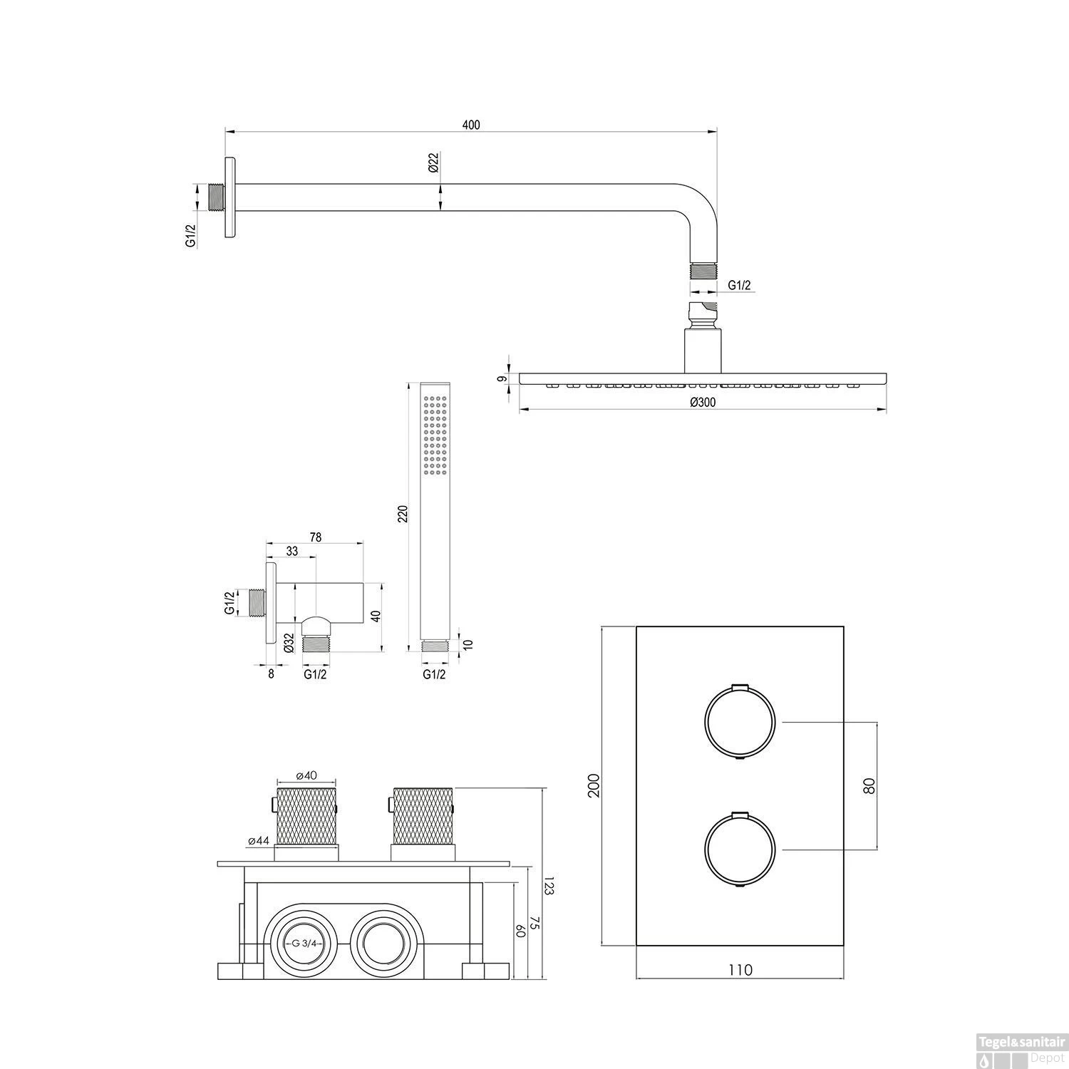 Regendoucheset Inbouw Brauer Copper Carving Thermostatisch 30cm Met 3-Weg Omstelling, Gebogen Wandarm En Staaf Handdouche Geborsteld Koper - Afbeelding 12