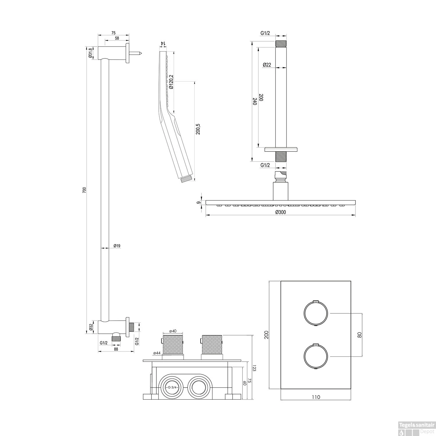 Regendoucheset Inbouw Brauer Gold Carving Thermostatisch 30cm Met 3-Weg Omstelling, Plafondarm, Glijstang En Handdouche 3-Standen Geborsteld Goud - Afbeelding 12