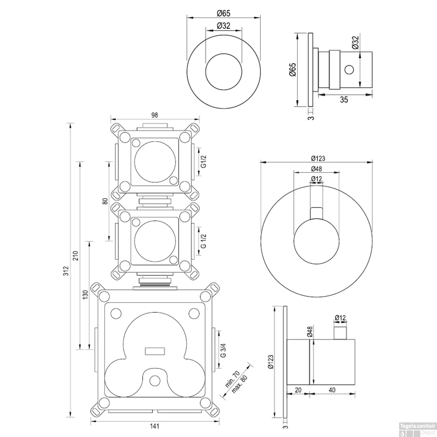Regendoucheset Inbouw Brauer Gold Edition Thermostatisch 30cm Met Plafondarm, Glijstang En Handdouche 3-Standen Losse Stopkranen Geborsteld Goud - Afbeelding 11