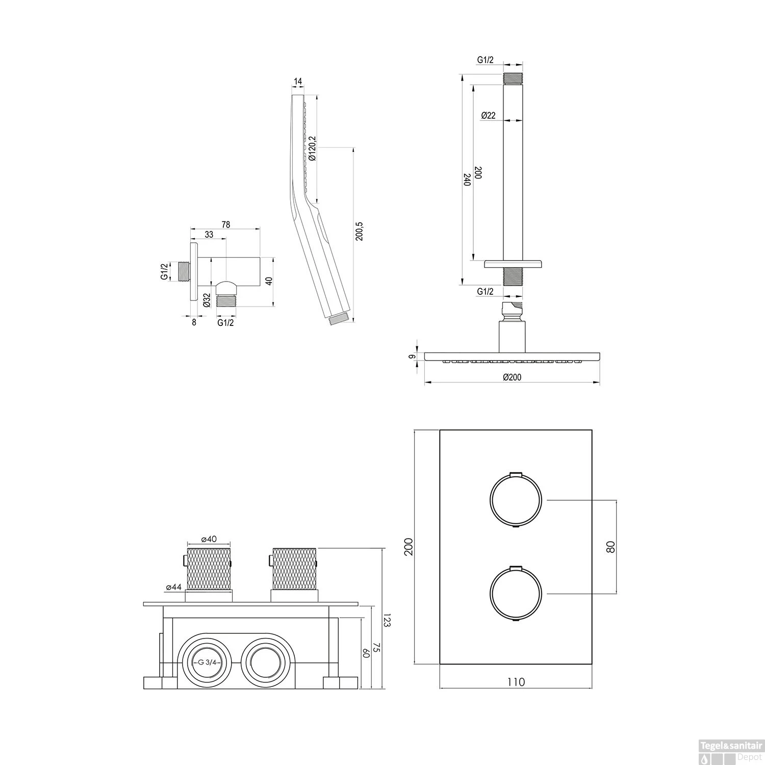 Regendoucheset Inbouw Brauer Gunmetal Carving Thermostatisch 20cm Met 3-Weg Omstelling, Plafondarm En 3-Standen Handdouche Geborsteld Gunmetal - Afbeelding 12