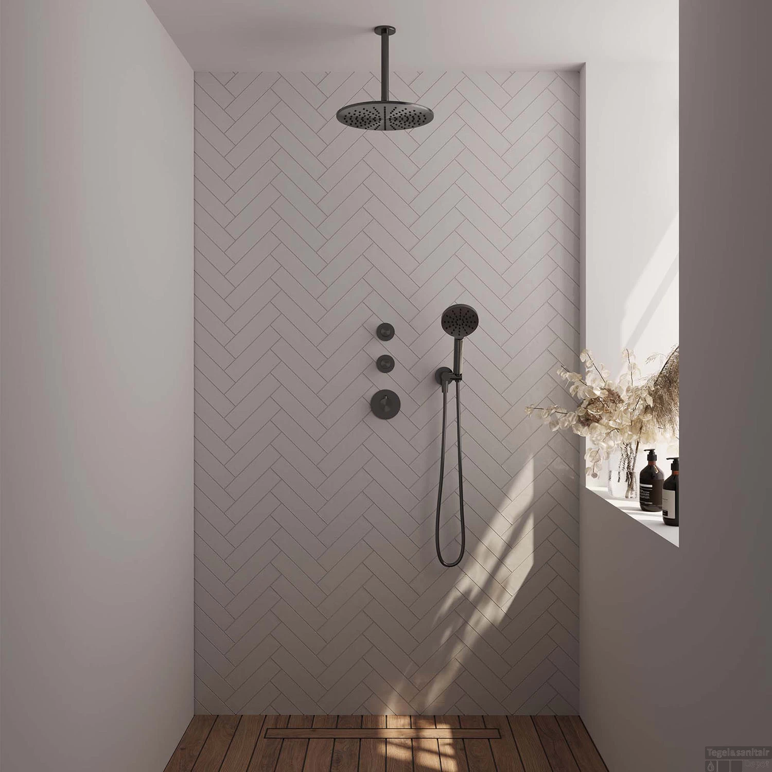 Regendoucheset Inbouw Brauer Gunmetal Edition Thermostatisch 30cm Met Plafondarm En Handdouche 3-Standen Losse Stopkranen Geborsteld Gunmetal - Afbeelding 2