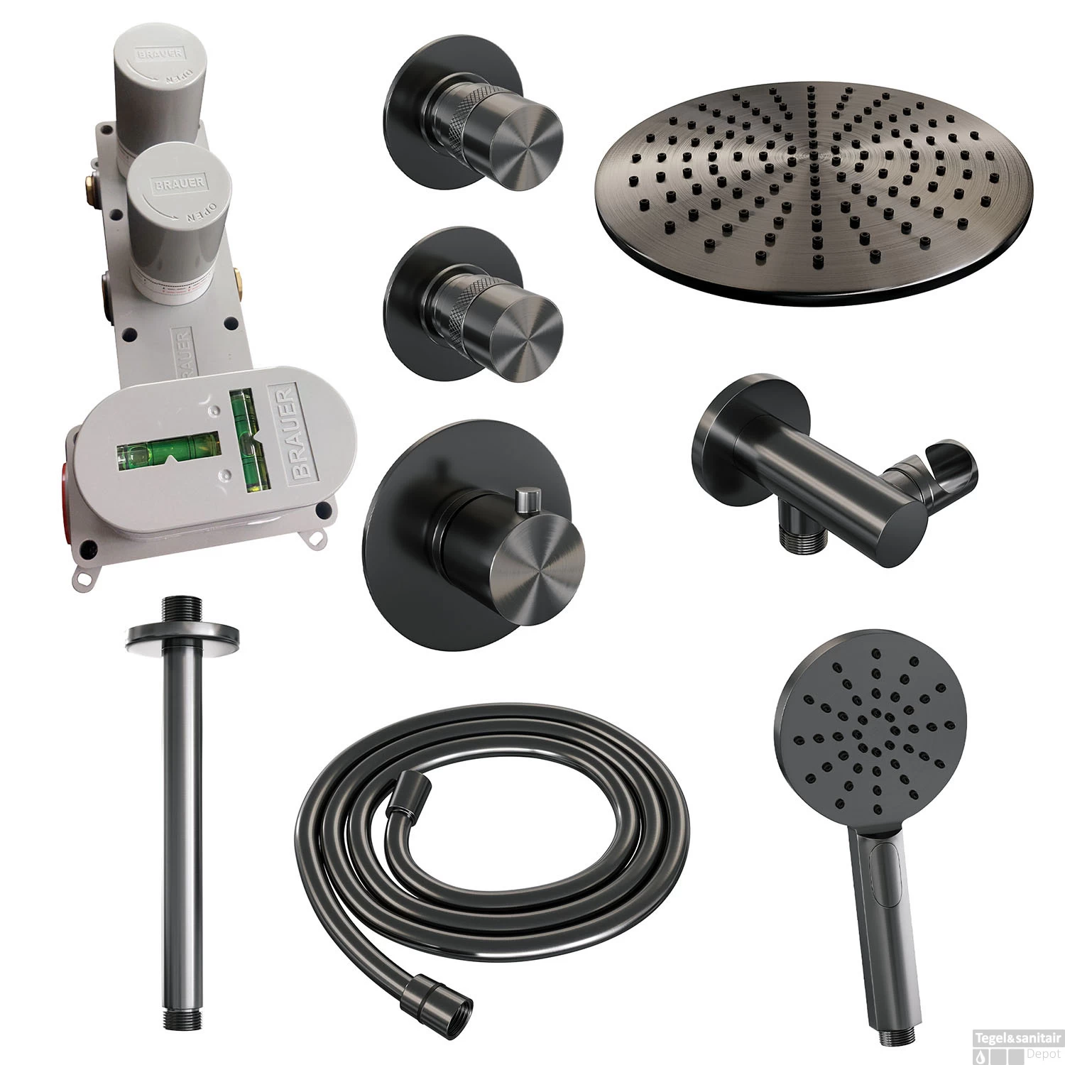 Regendoucheset Inbouw Brauer Gunmetal Edition Thermostatisch 30cm Met Plafondarm En Handdouche 3-Standen Losse Stopkranen Geborsteld Gunmetal - Afbeelding 3